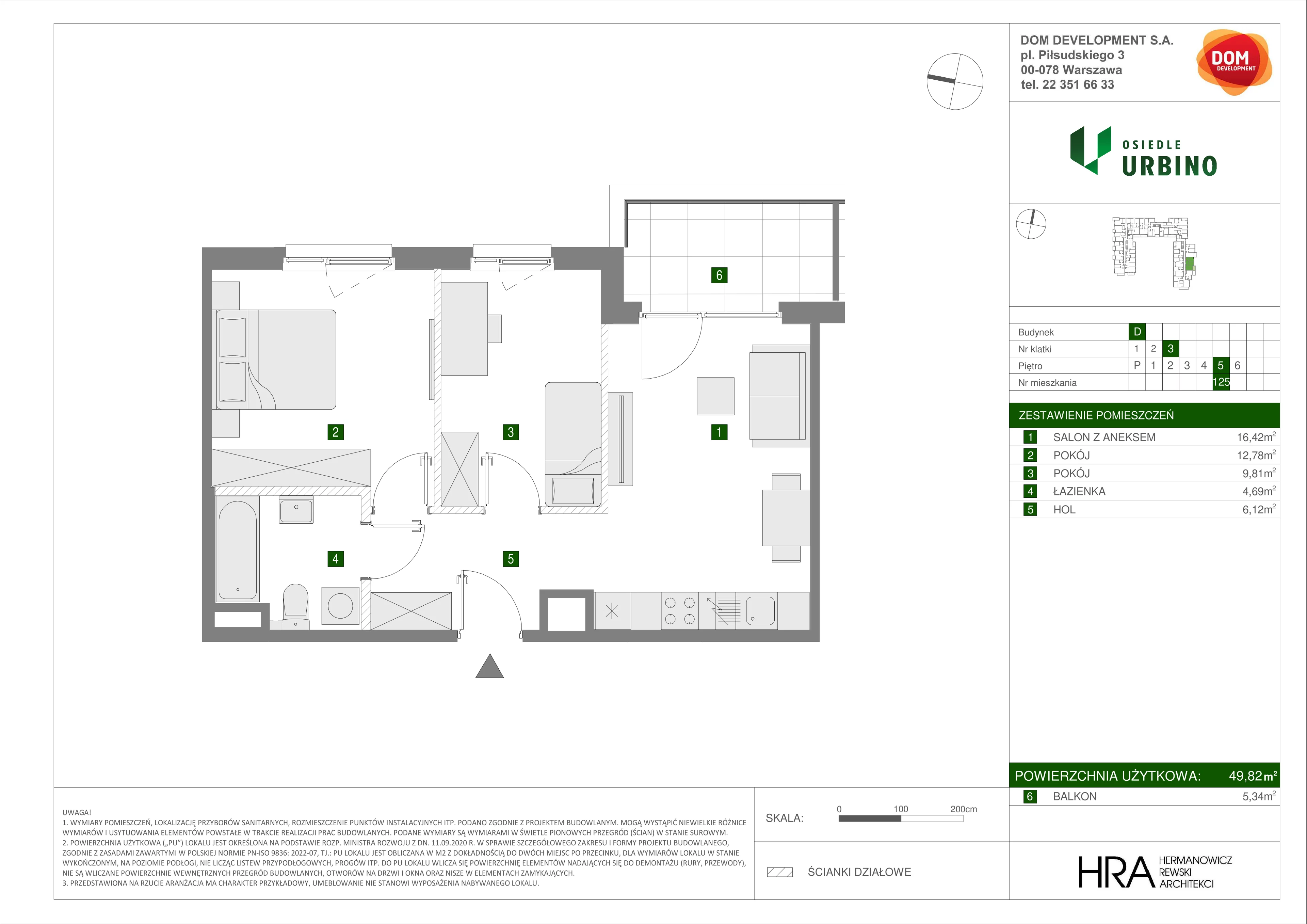 3 pokoje, mieszkanie 49,82 m², piętro 5, oferta nr D/125, Osiedle Urbino 1.4, Warszawa, Włochy, Raków, ul. Równoległa