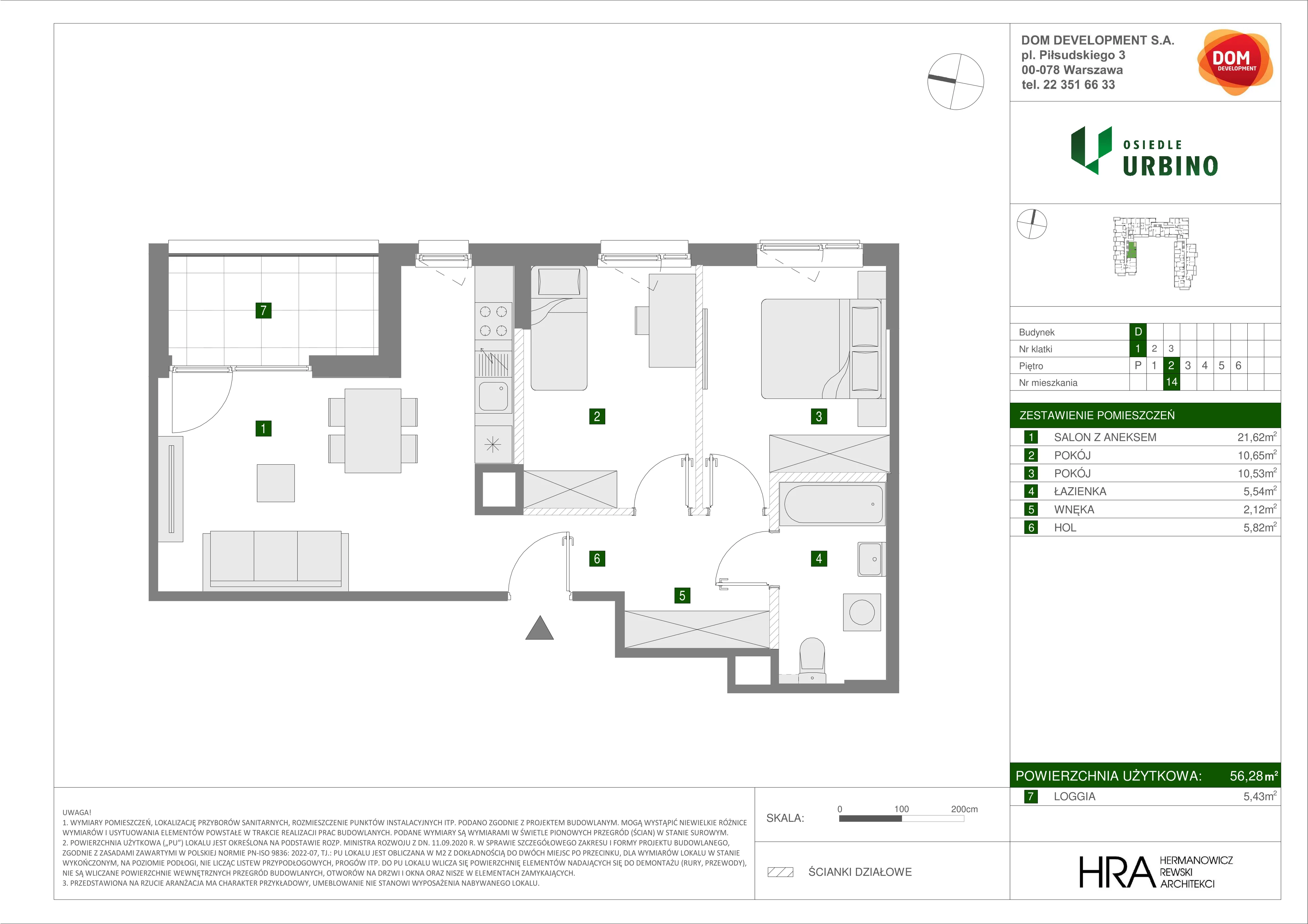 3 pokoje, mieszkanie 56,28 m², piętro 2, oferta nr D/14, Osiedle Urbino 1.4, Warszawa, Włochy, Raków, ul. Równoległa