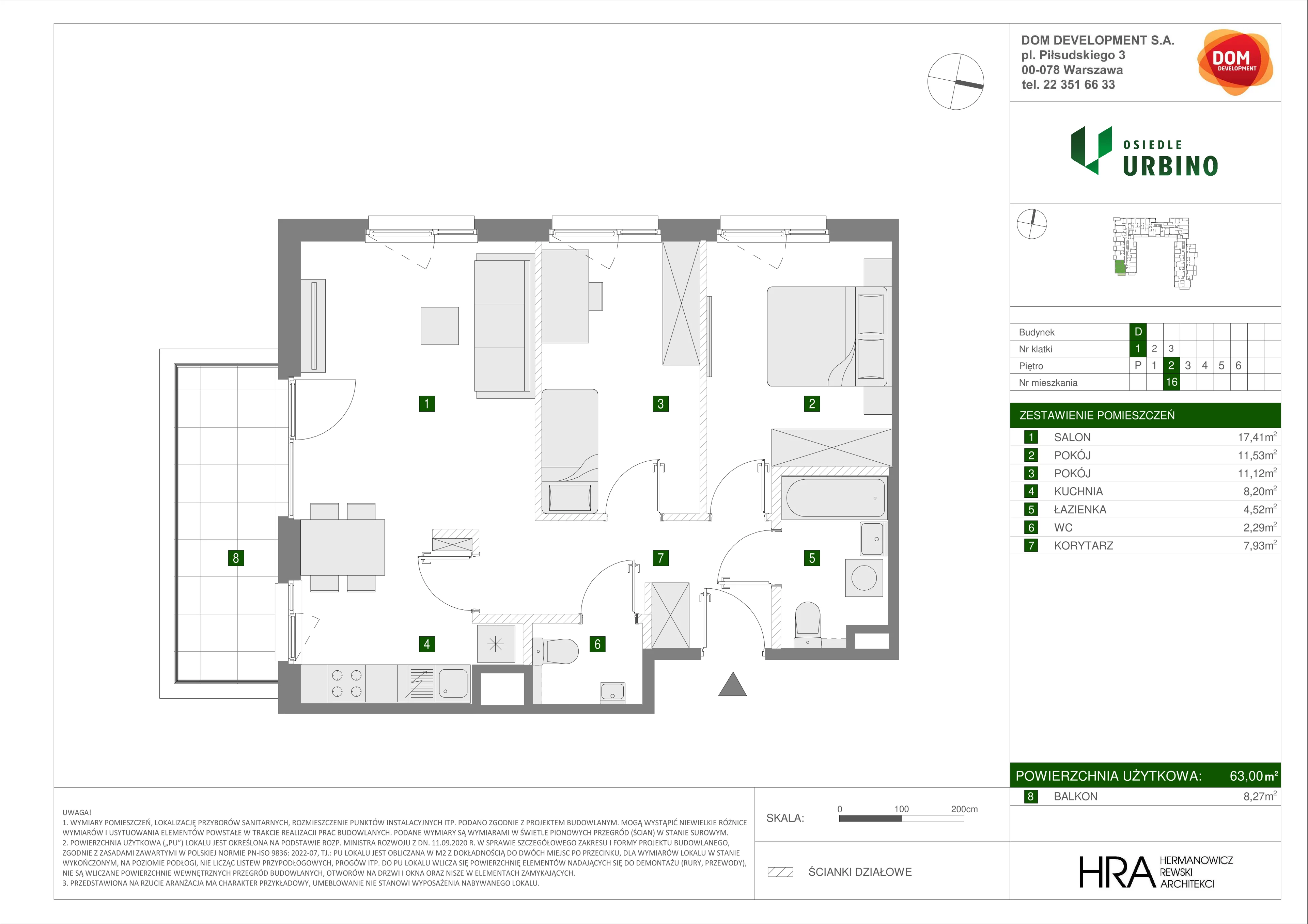 3 pokoje, mieszkanie 63,00 m², piętro 2, oferta nr D/16, Osiedle Urbino 1.4, Warszawa, Włochy, Raków, ul. Równoległa