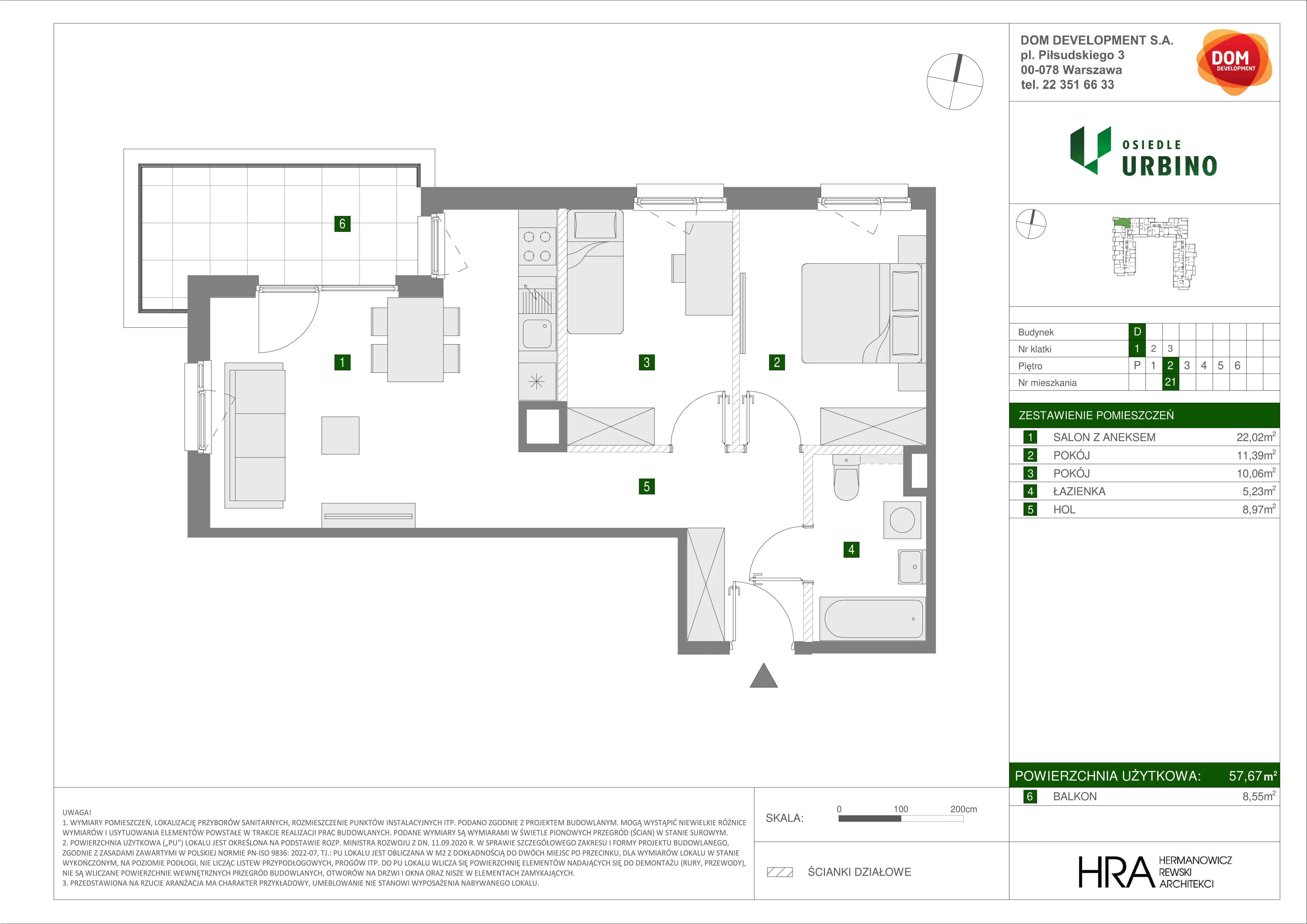 3 pokoje, mieszkanie 57,67 m², piętro 2, oferta nr D/21, Osiedle Urbino 1.4, Warszawa, Włochy, Raków, ul. Równoległa