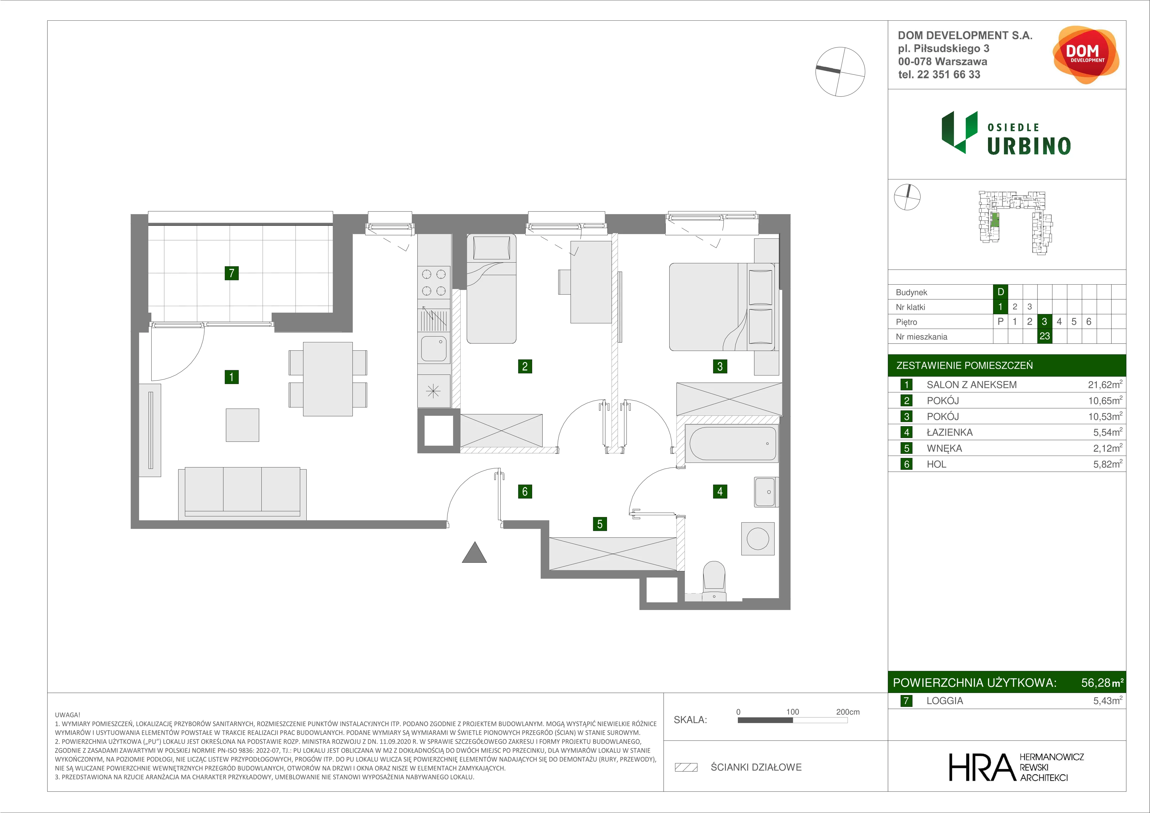 3 pokoje, mieszkanie 56,28 m², piętro 3, oferta nr D/23, Osiedle Urbino 1.4, Warszawa, Włochy, Raków, ul. Równoległa