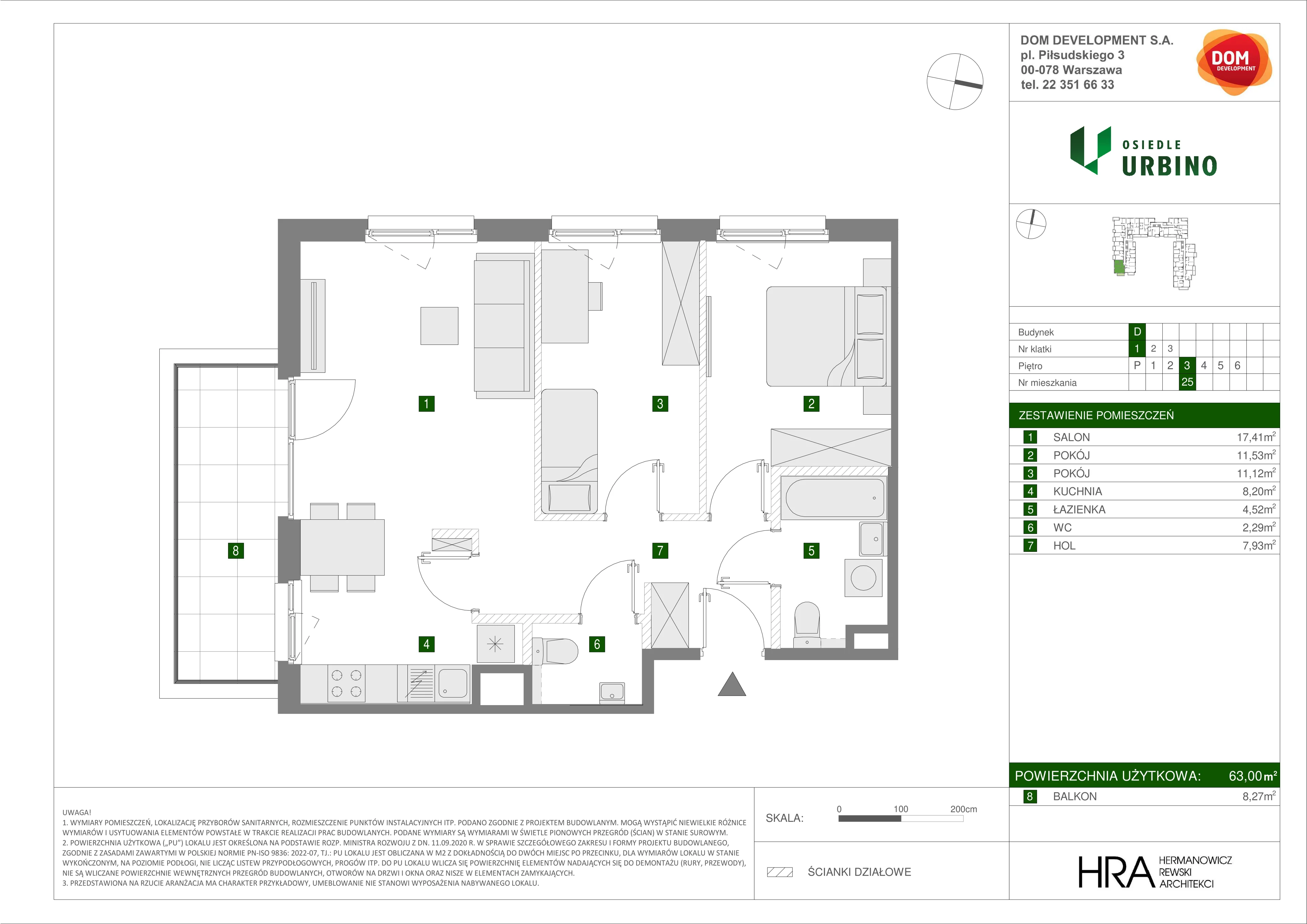 3 pokoje, mieszkanie 63,00 m², piętro 3, oferta nr D/25, Osiedle Urbino 1.4, Warszawa, Włochy, Raków, ul. Równoległa