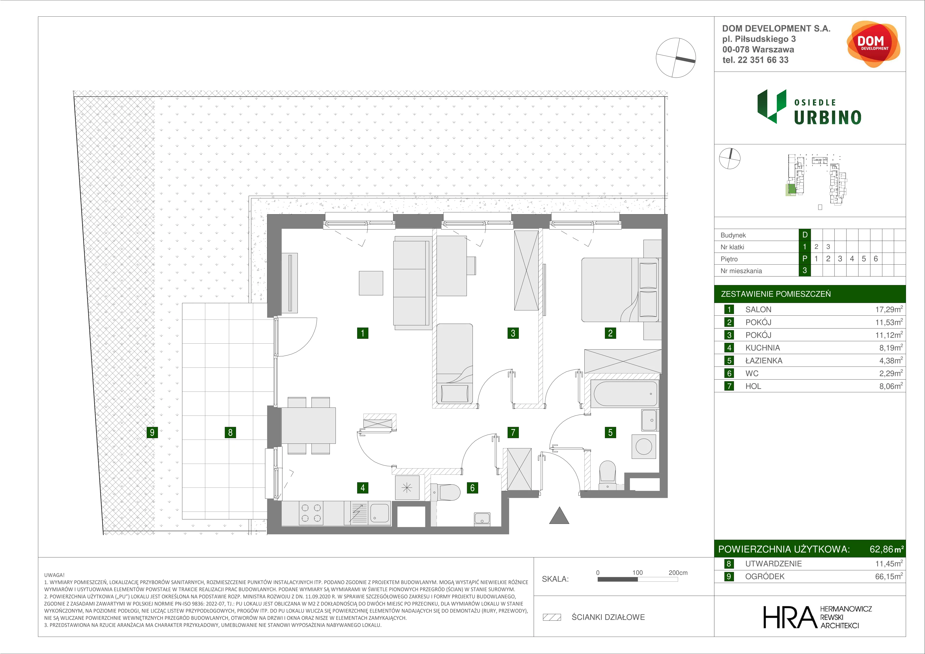 3 pokoje, mieszkanie 62,86 m², parter, oferta nr D/3, Osiedle Urbino 1.4, Warszawa, Włochy, Raków, ul. Równoległa