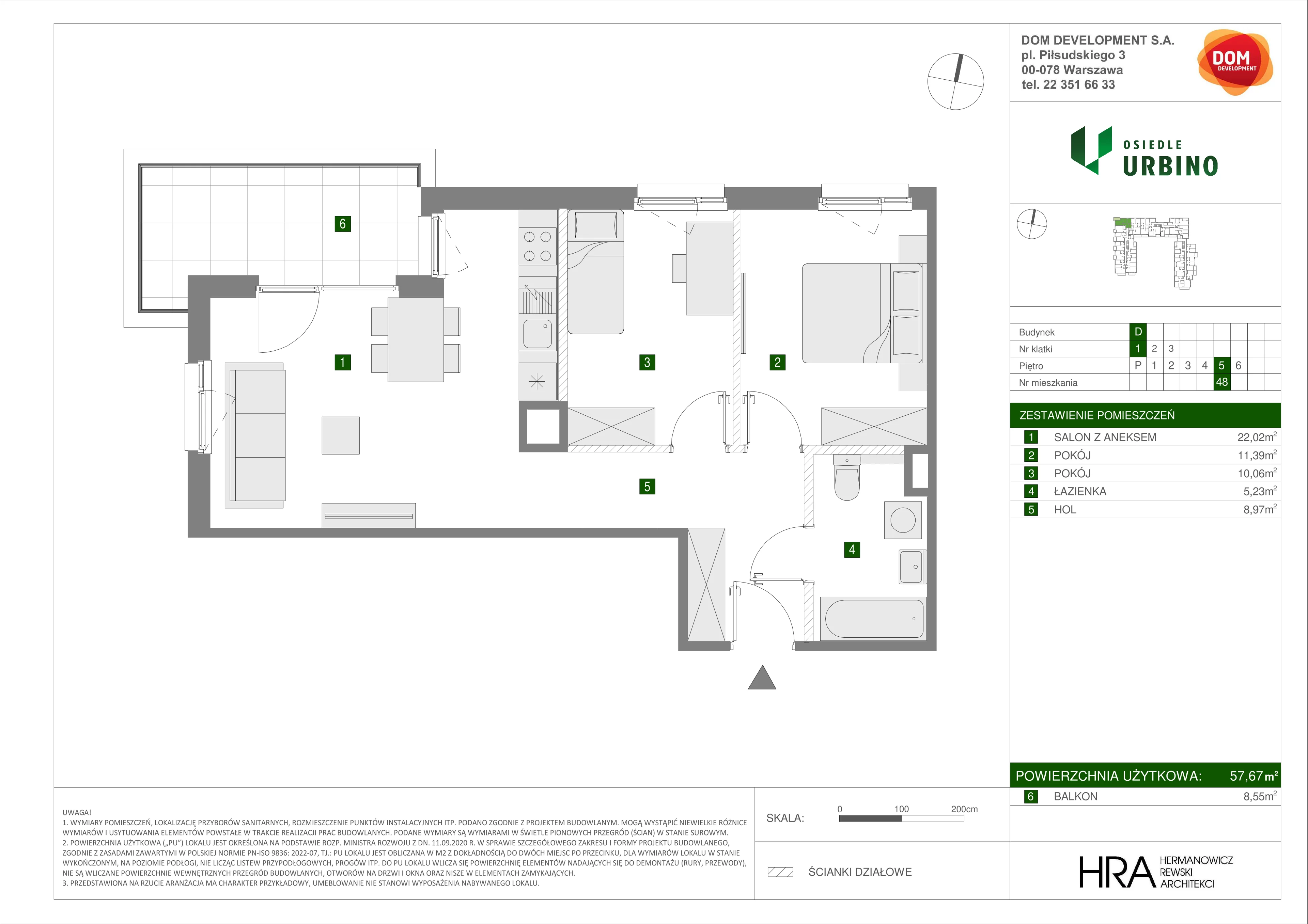 3 pokoje, mieszkanie 57,67 m², piętro 5, oferta nr D/48, Osiedle Urbino 1.4, Warszawa, Włochy, Raków, ul. Równoległa