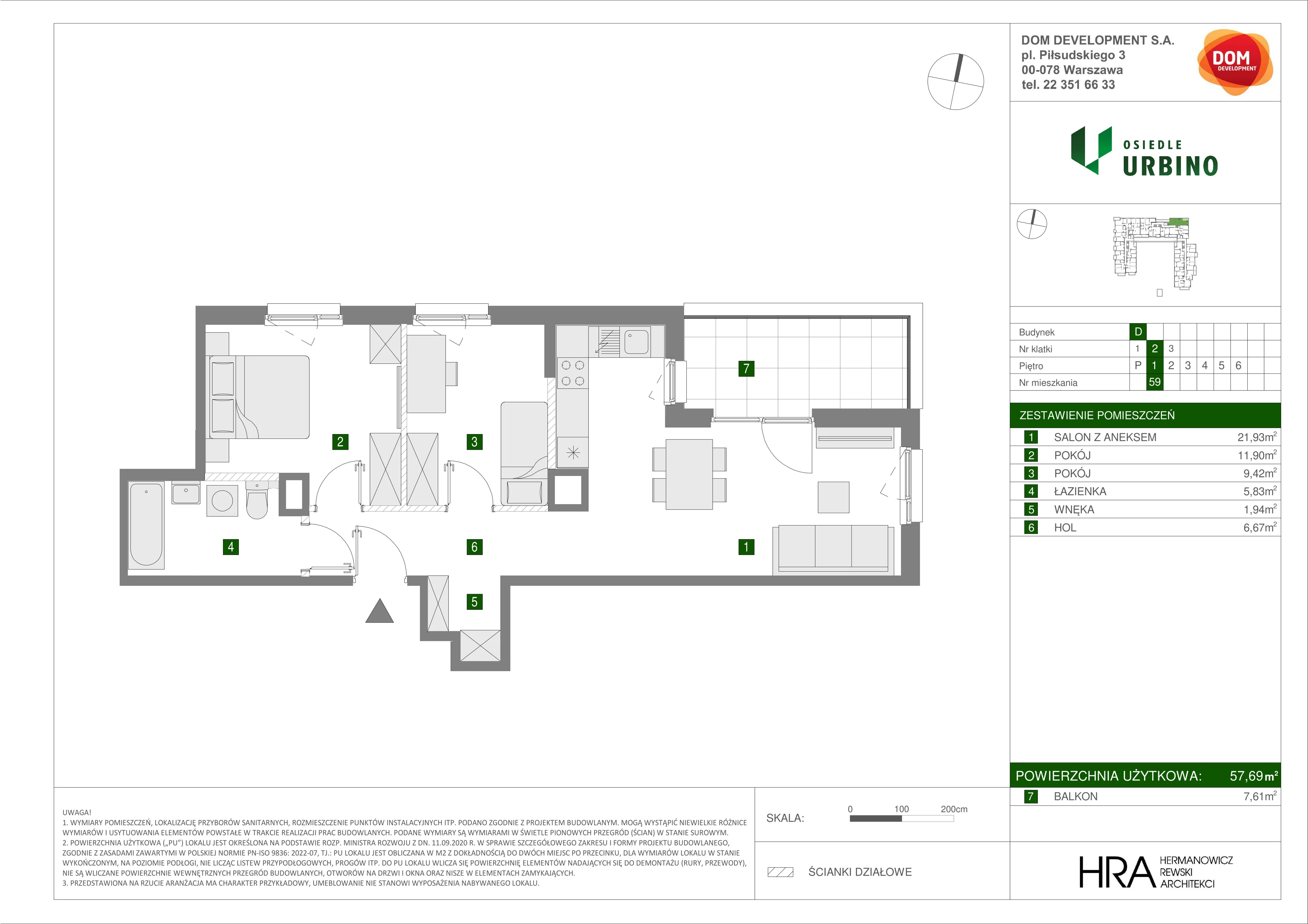 3 pokoje, mieszkanie 57,69 m², piętro 1, oferta nr D/59, Osiedle Urbino 1.4, Warszawa, Włochy, Raków, ul. Równoległa