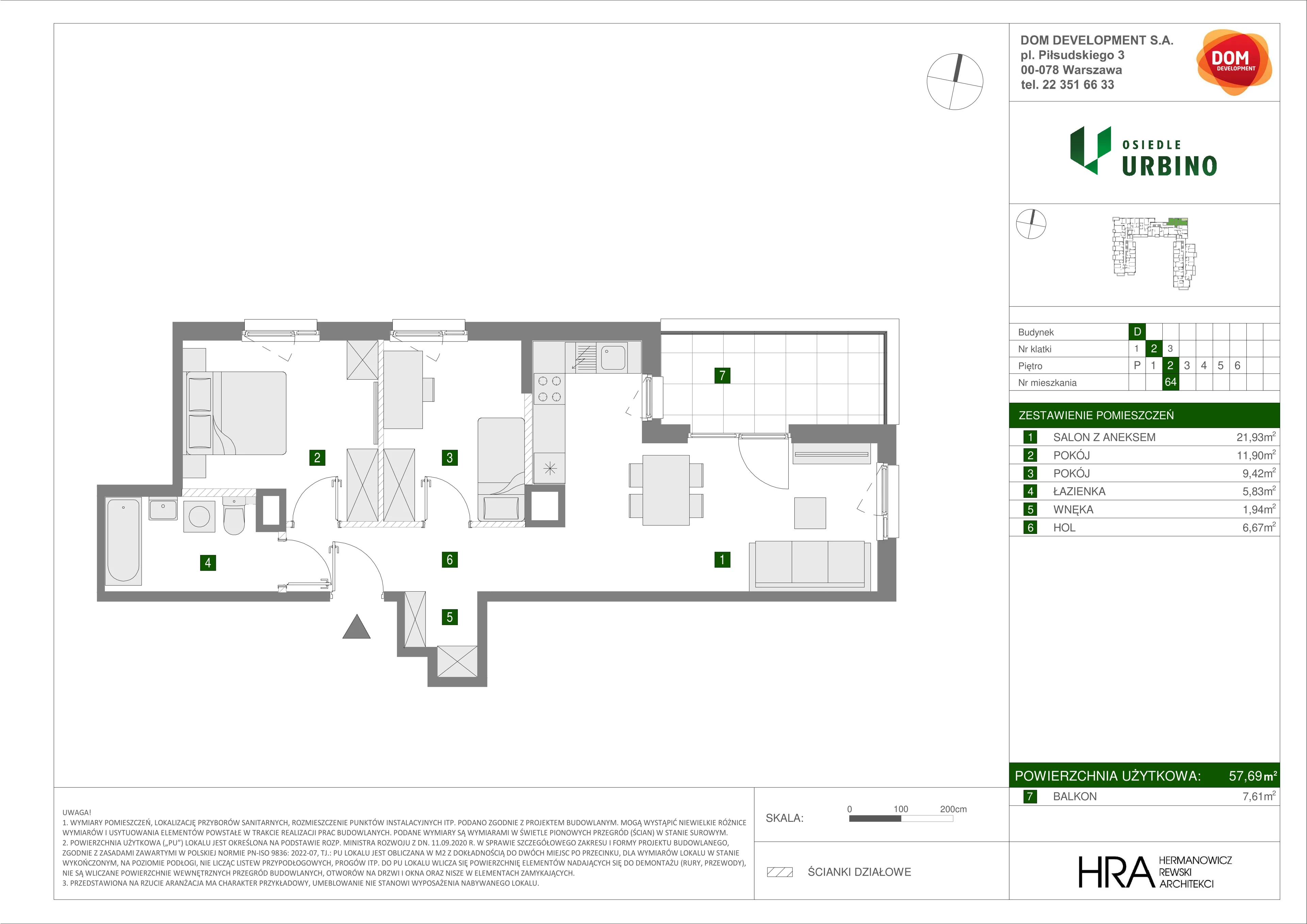 3 pokoje, mieszkanie 57,69 m², piętro 2, oferta nr D/64, Osiedle Urbino 1.4, Warszawa, Włochy, Raków, ul. Równoległa