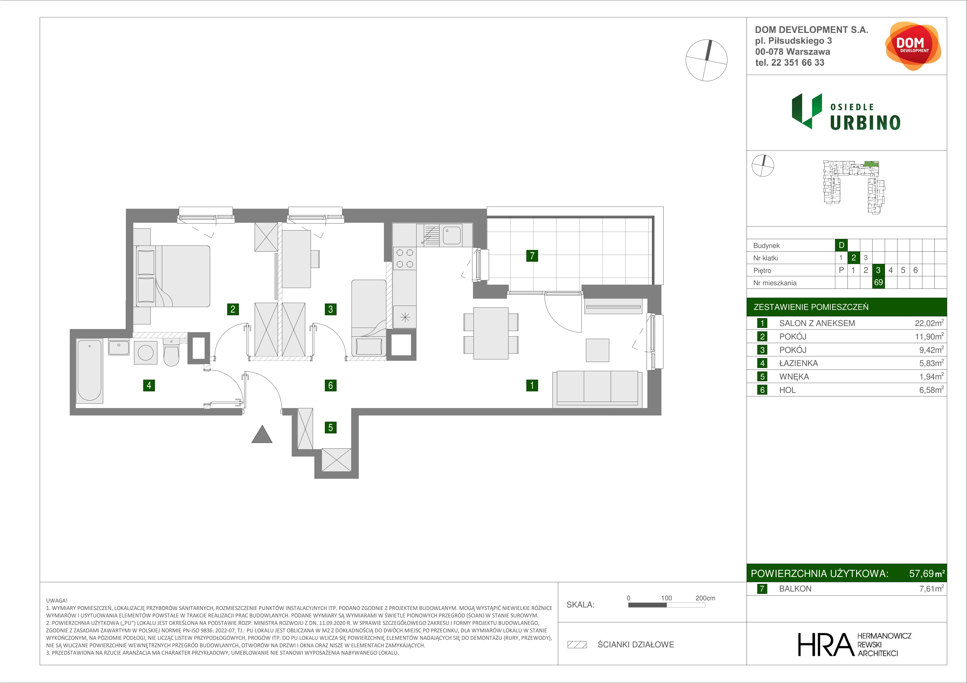 3 pokoje, mieszkanie 57,69 m², piętro 3, oferta nr D/69, Osiedle Urbino 1.4, Warszawa, Włochy, Raków, ul. Równoległa