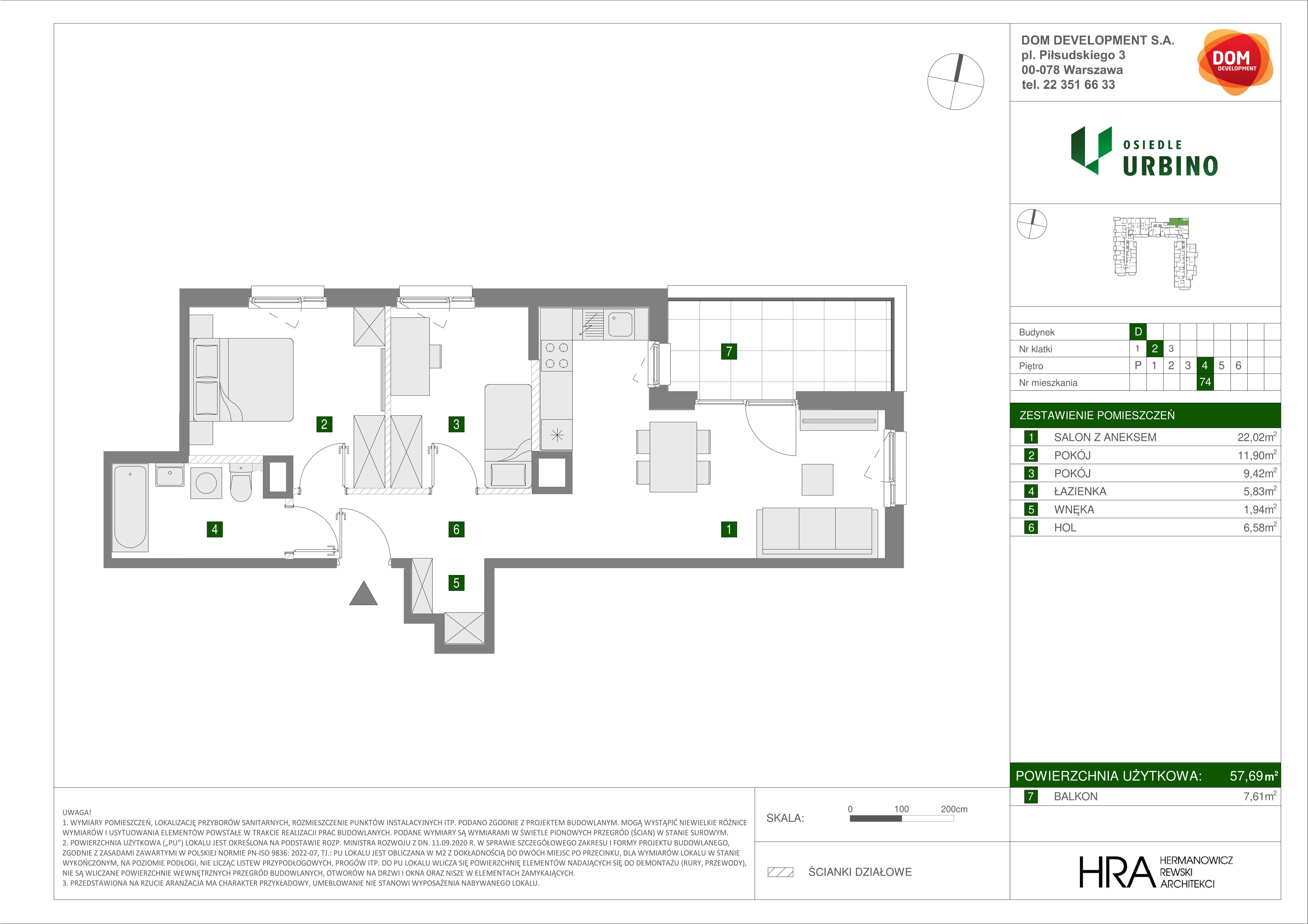 3 pokoje, mieszkanie 57,69 m², piętro 4, oferta nr D/74, Osiedle Urbino 1.4, Warszawa, Włochy, Raków, ul. Równoległa