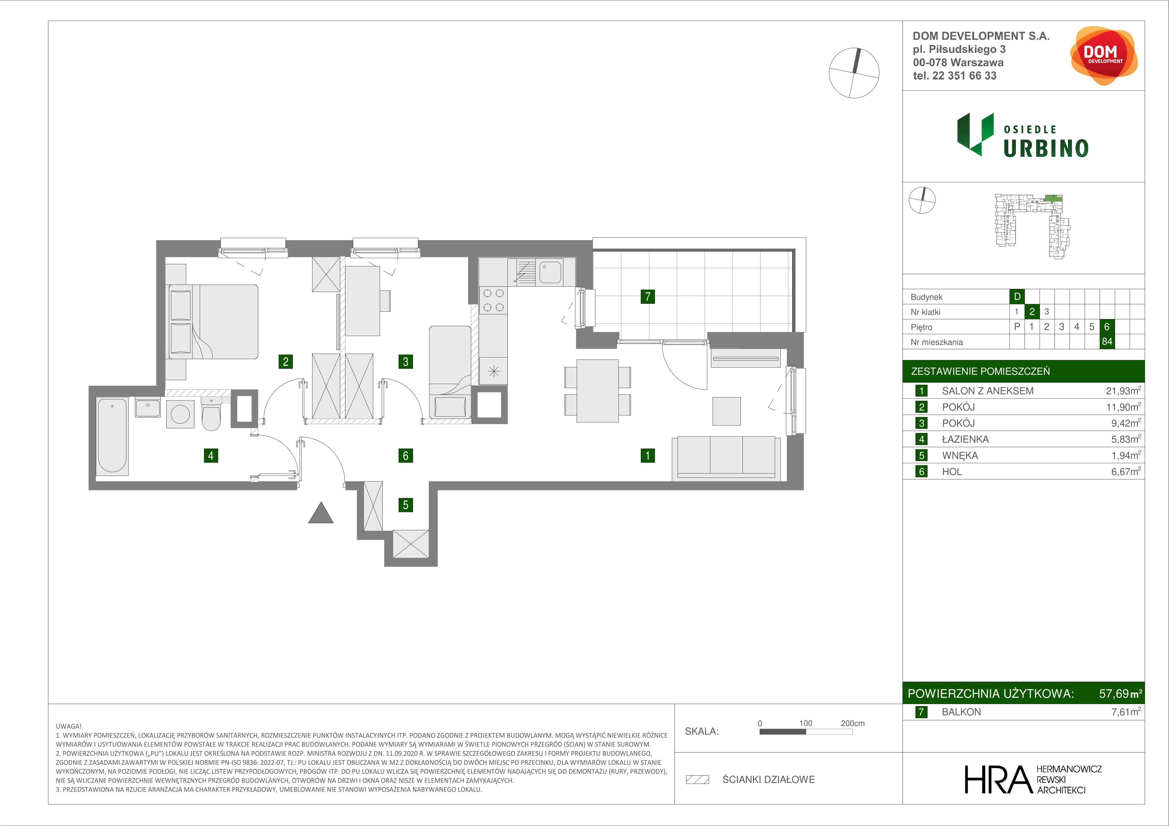 3 pokoje, mieszkanie 57,69 m², piętro 6, oferta nr D/84, Osiedle Urbino 1.4, Warszawa, Włochy, Raków, ul. Równoległa