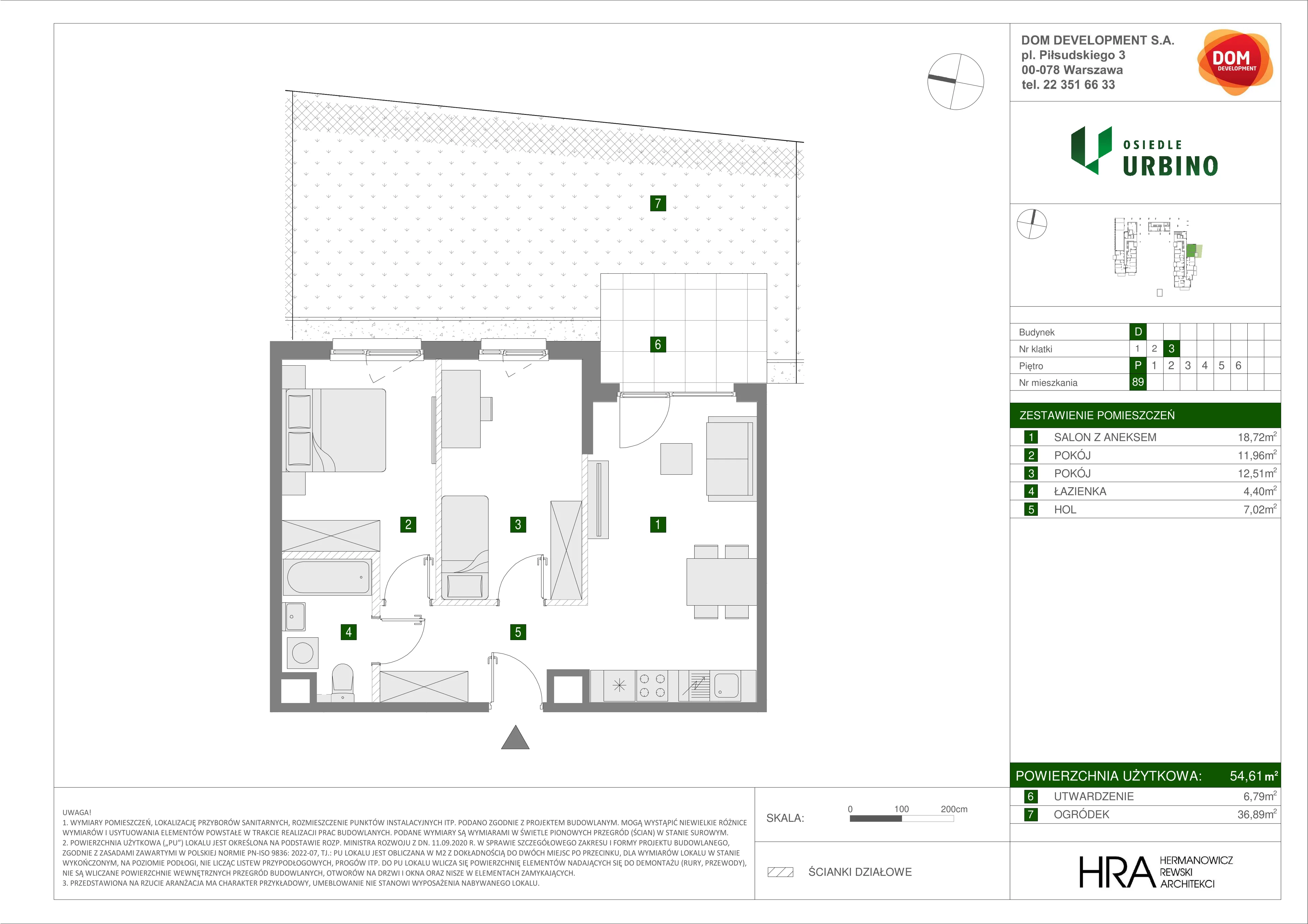 3 pokoje, mieszkanie 54,61 m², parter, oferta nr D/89, Osiedle Urbino 1.4, Warszawa, Włochy, Raków, ul. Równoległa