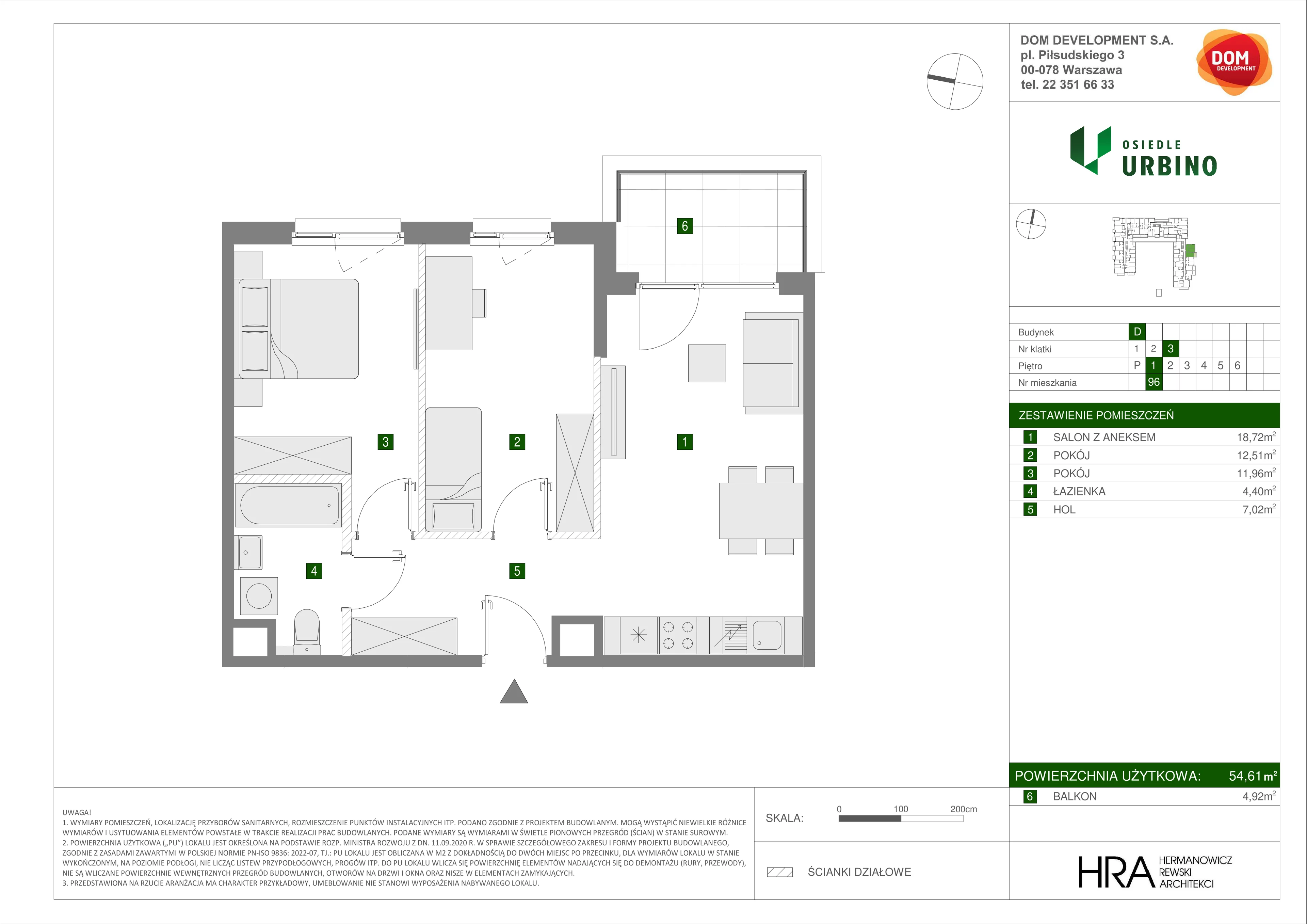 3 pokoje, mieszkanie 54,61 m², piętro 1, oferta nr D/96, Osiedle Urbino 1.4, Warszawa, Włochy, Raków, ul. Równoległa