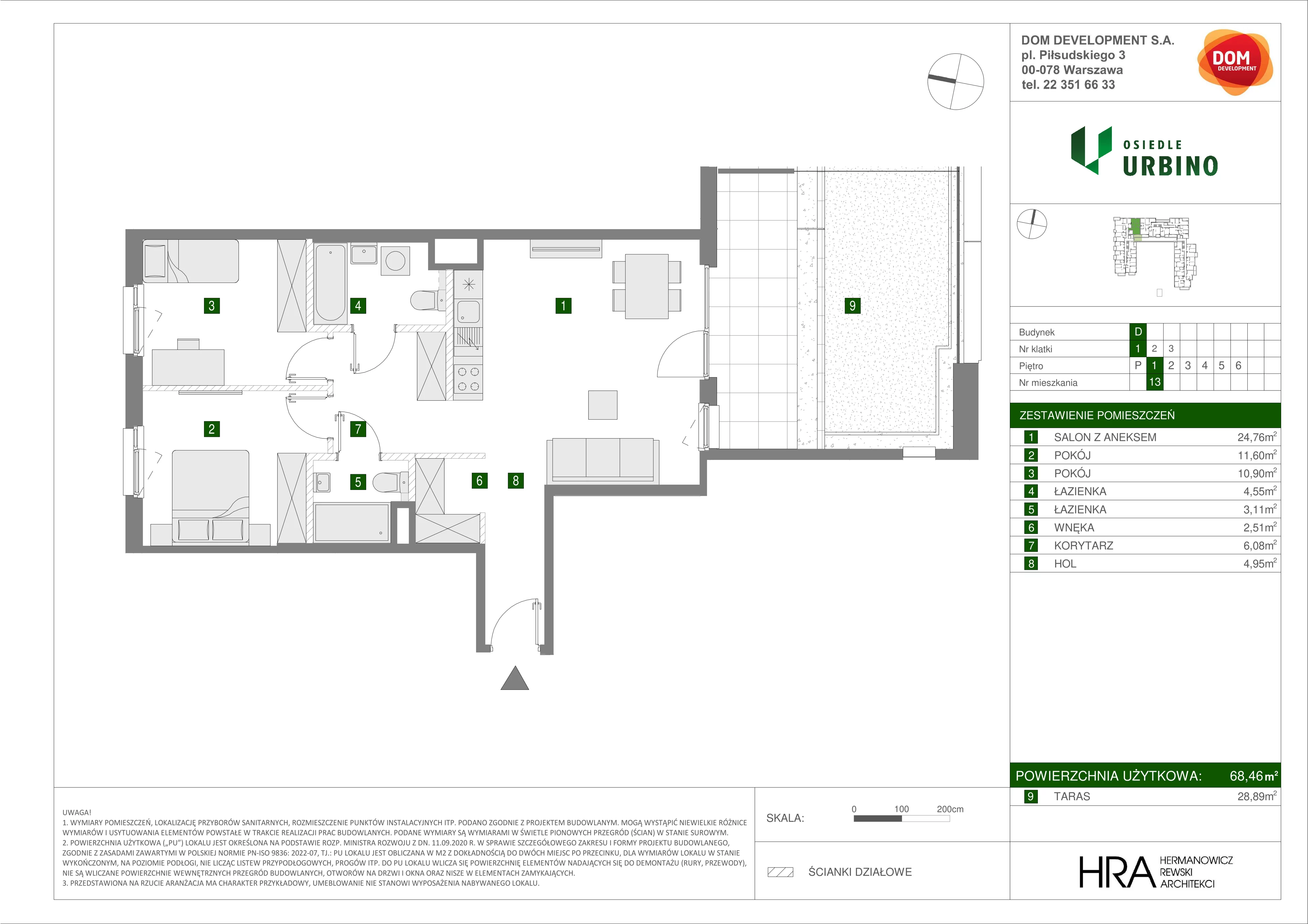 3 pokoje, mieszkanie 68,46 m², piętro 1, oferta nr D/13, Osiedle Urbino 1.4, Warszawa, Włochy, Raków, ul. Równoległa