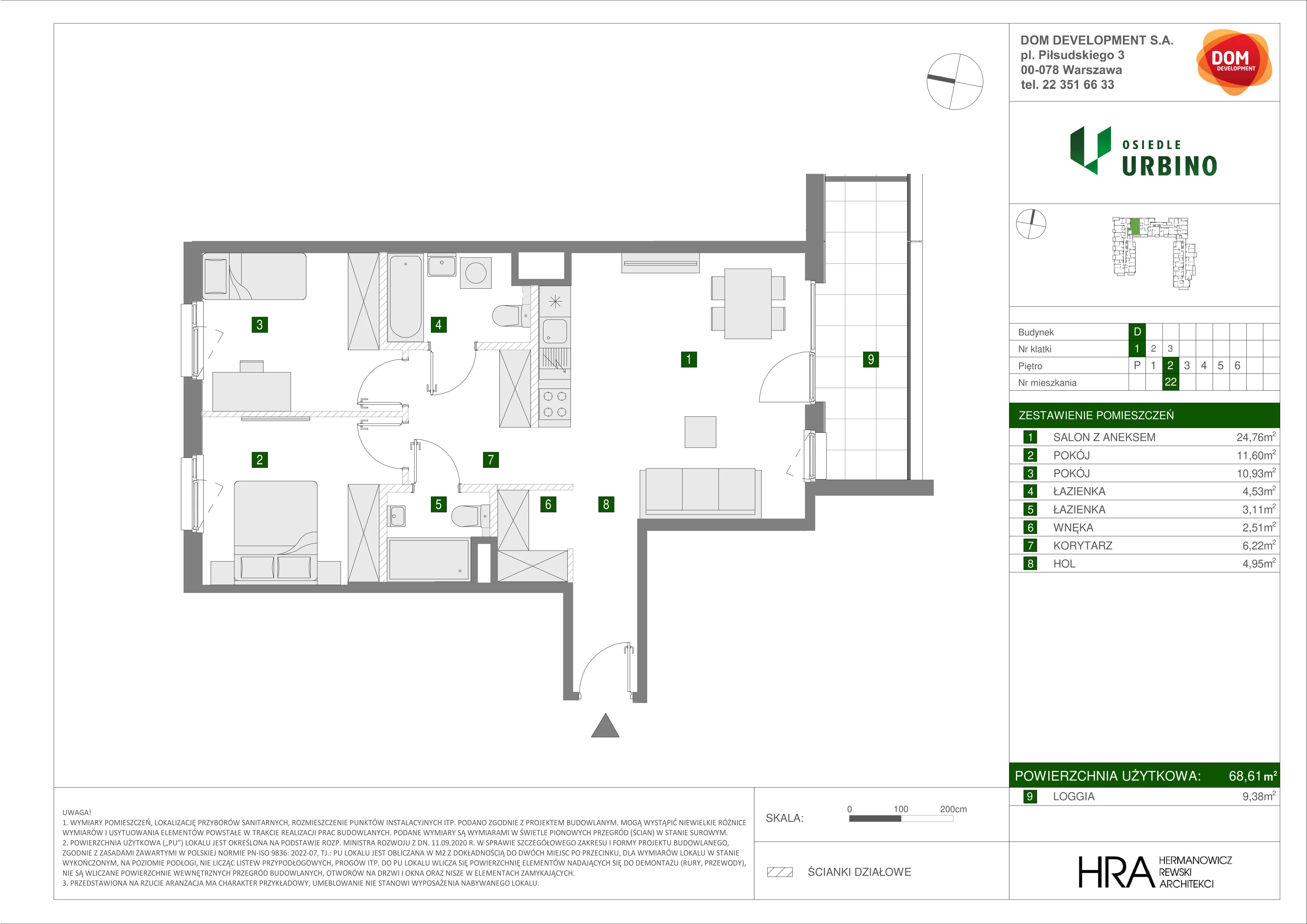 3 pokoje, mieszkanie 68,61 m², piętro 2, oferta nr D/22, Osiedle Urbino 1.4, Warszawa, Włochy, Raków, ul. Równoległa