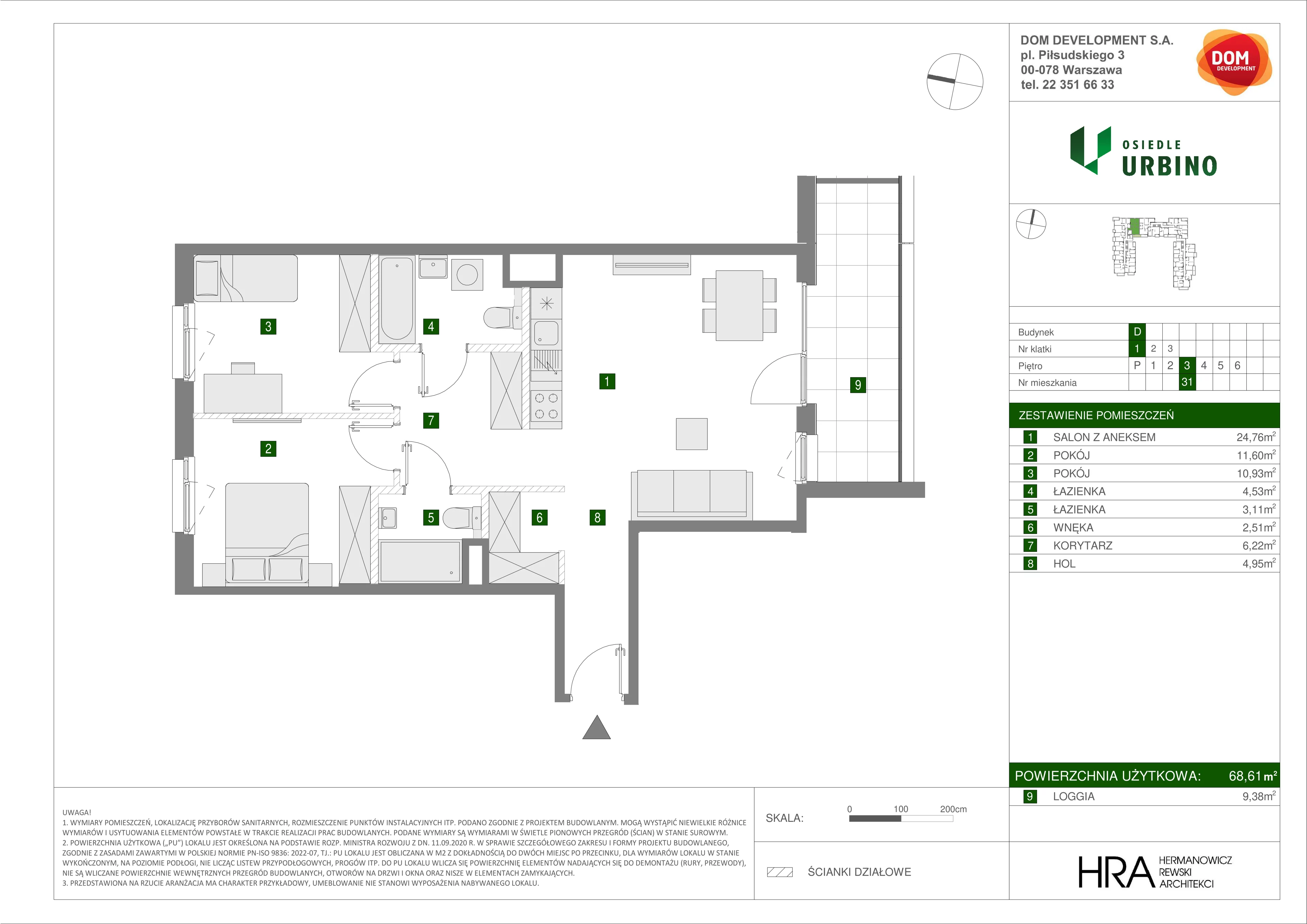 3 pokoje, mieszkanie 68,61 m², piętro 3, oferta nr D/31, Osiedle Urbino 1.4, Warszawa, Włochy, Raków, ul. Równoległa