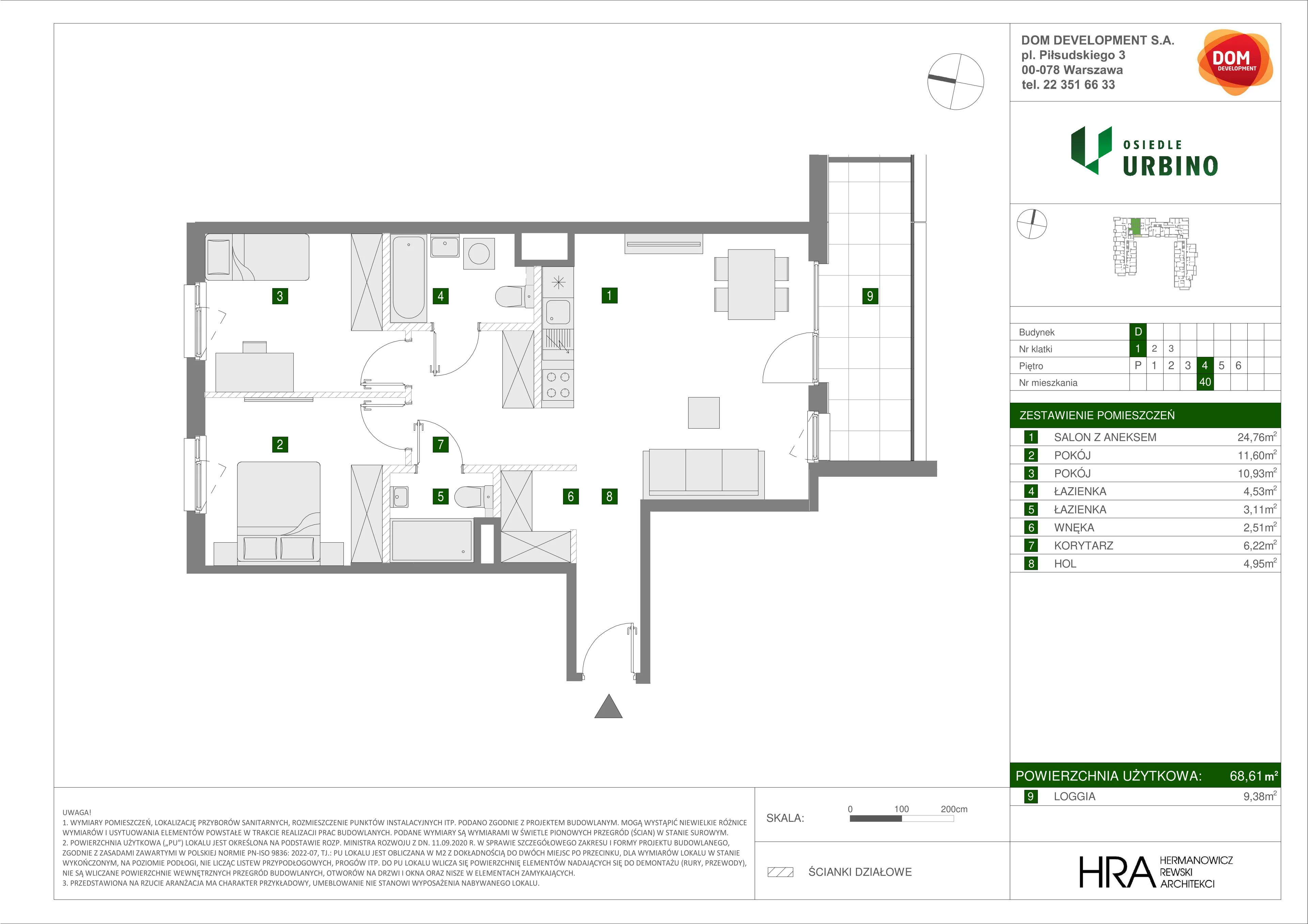 3 pokoje, mieszkanie 68,61 m², piętro 4, oferta nr D/40, Osiedle Urbino 1.4, Warszawa, Włochy, Raków, ul. Równoległa