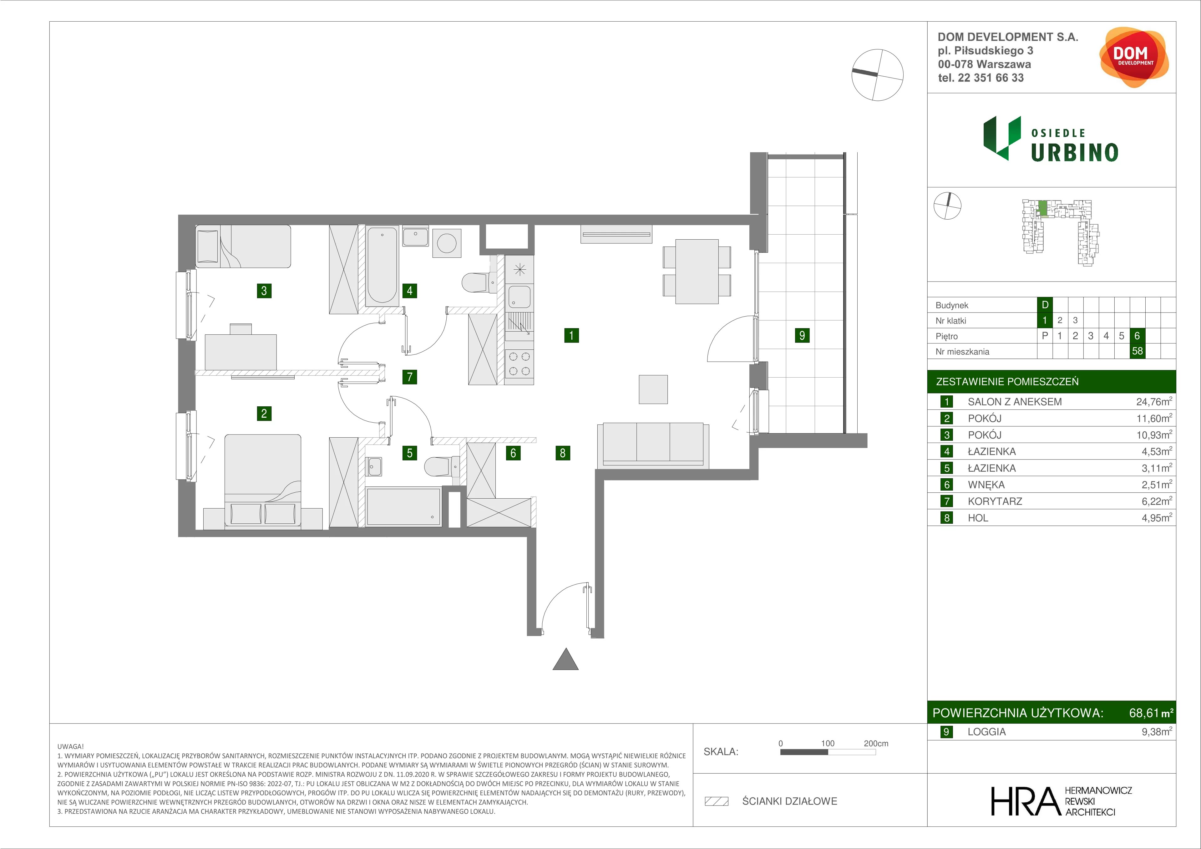 3 pokoje, mieszkanie 68,61 m², piętro 6, oferta nr D/58, Osiedle Urbino 1.4, Warszawa, Włochy, Raków, ul. Równoległa