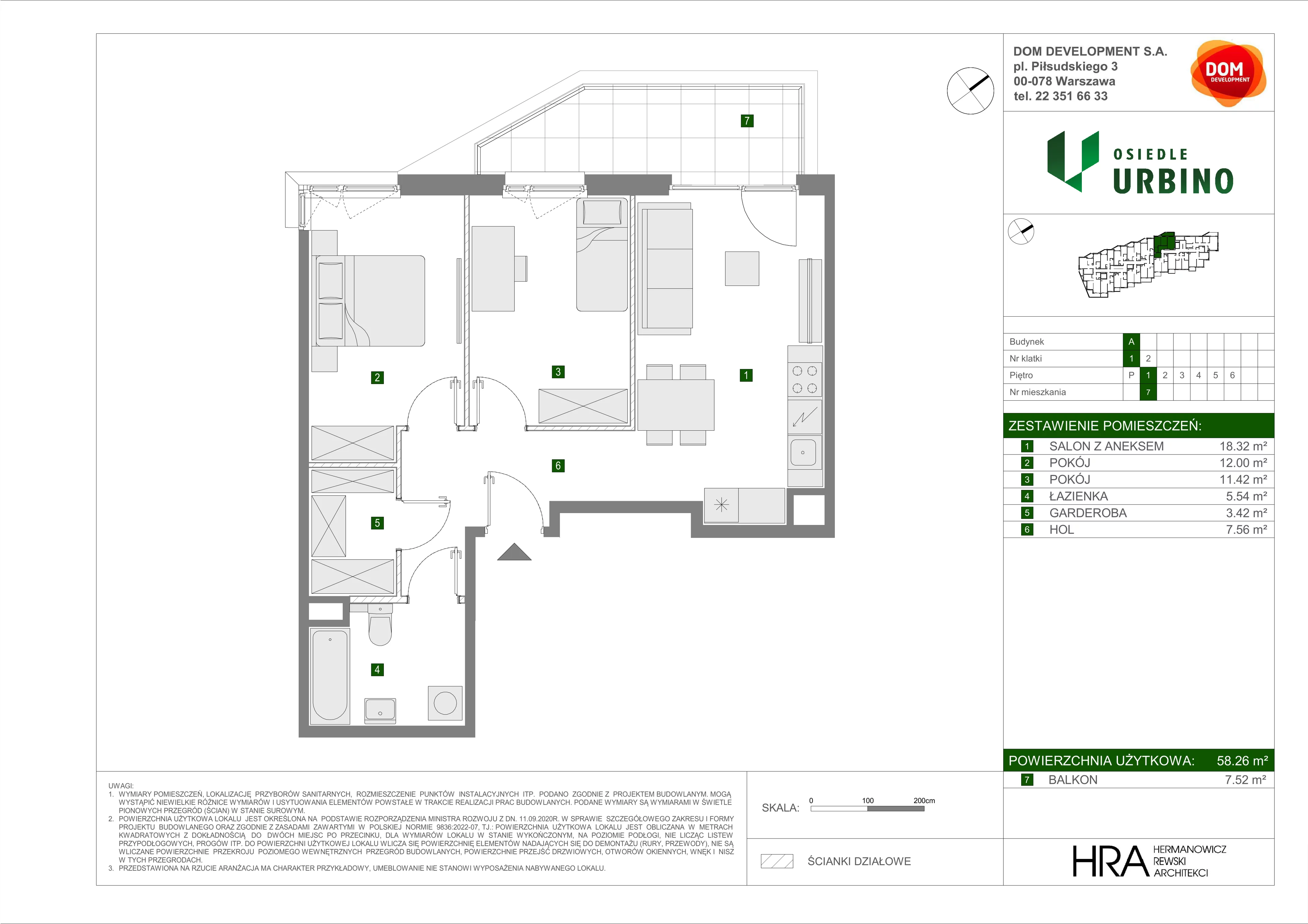 3 pokoje, mieszkanie 58,26 m², piętro 1, oferta nr A/7, Osiedle Urbino, Warszawa, Włochy, Raków, ul. Równoległa