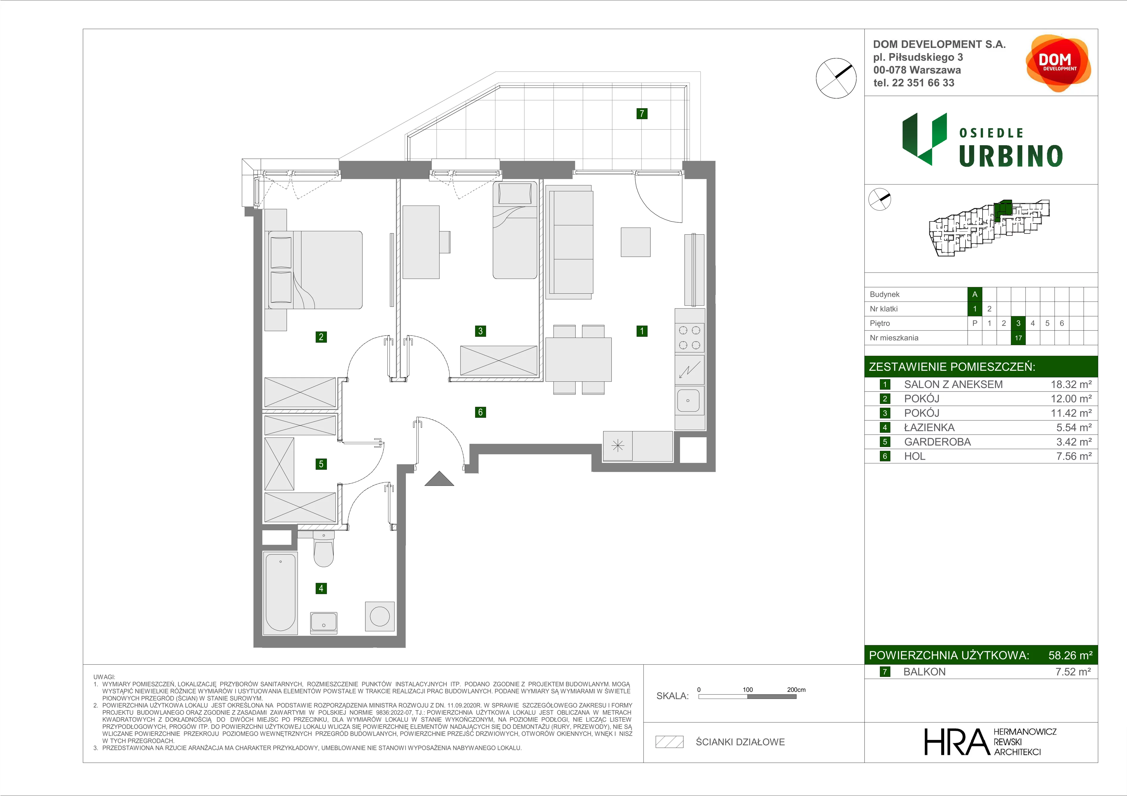3 pokoje, mieszkanie 58,26 m², piętro 3, oferta nr A/17, Osiedle Urbino, Warszawa, Włochy, Raków, ul. Równoległa