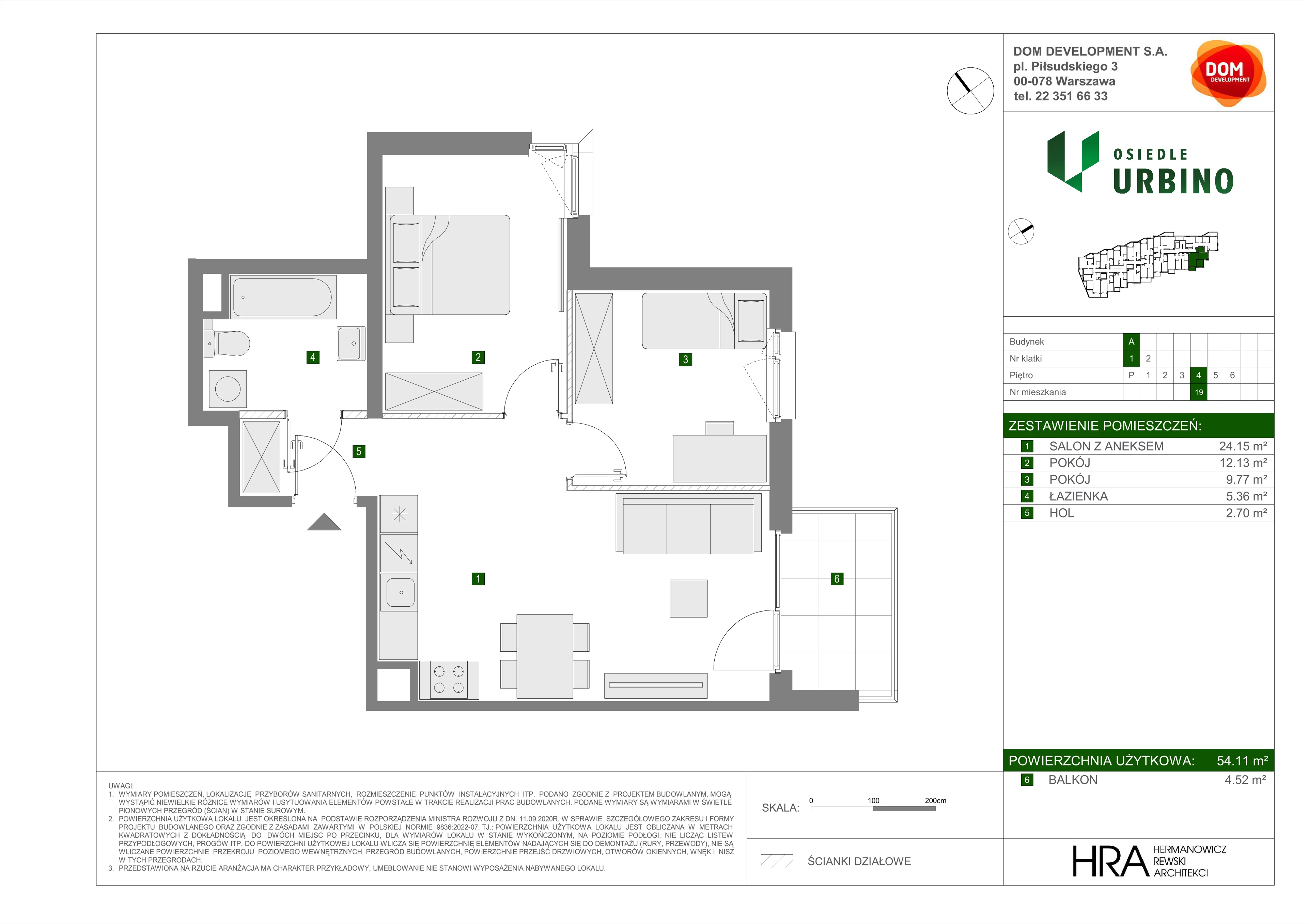 3 pokoje, mieszkanie 54,11 m², piętro 4, oferta nr A/19, Osiedle Urbino, Warszawa, Włochy, Raków, ul. Równoległa