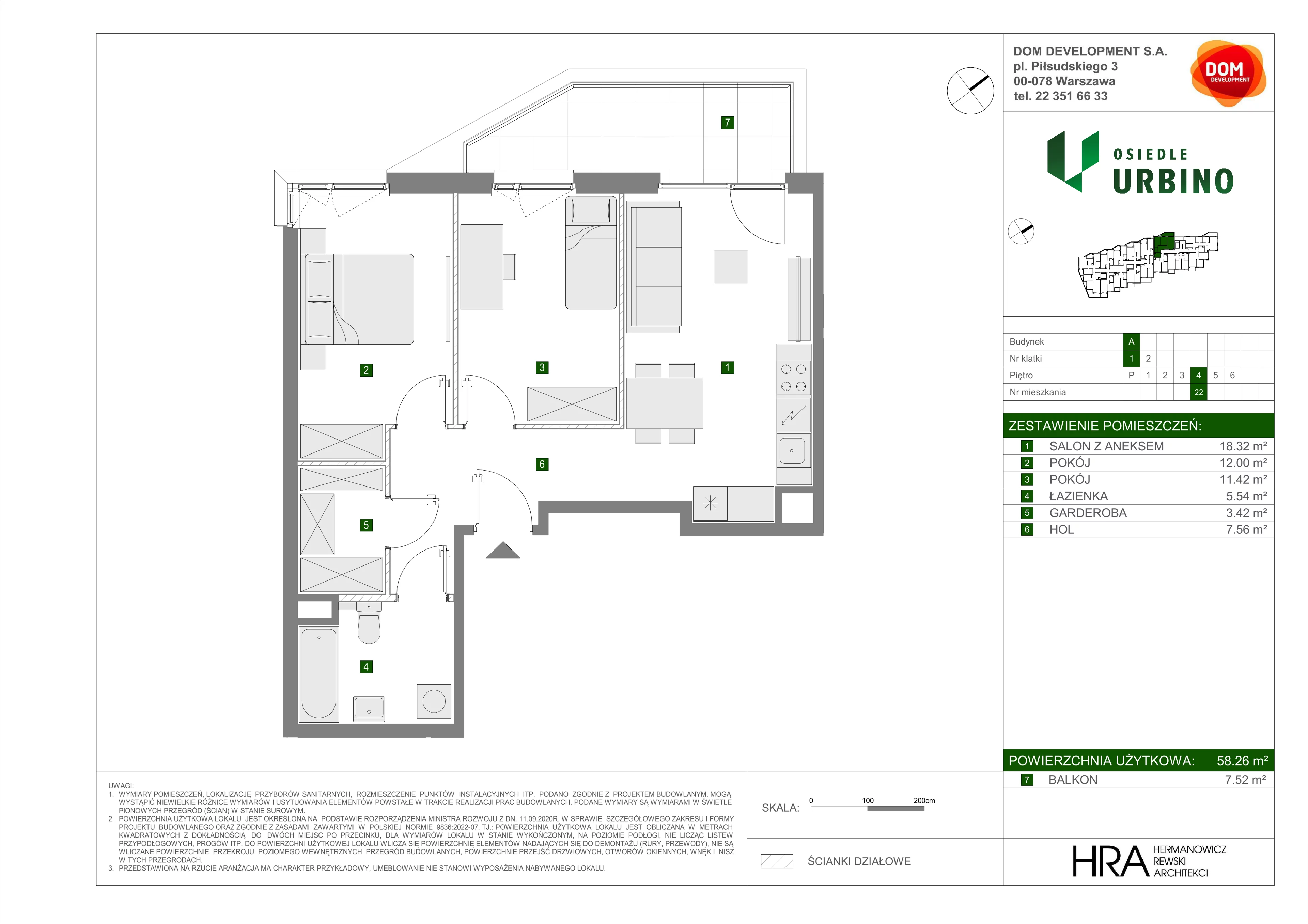 3 pokoje, mieszkanie 58,26 m², piętro 4, oferta nr A/22, Osiedle Urbino, Warszawa, Włochy, Raków, ul. Równoległa
