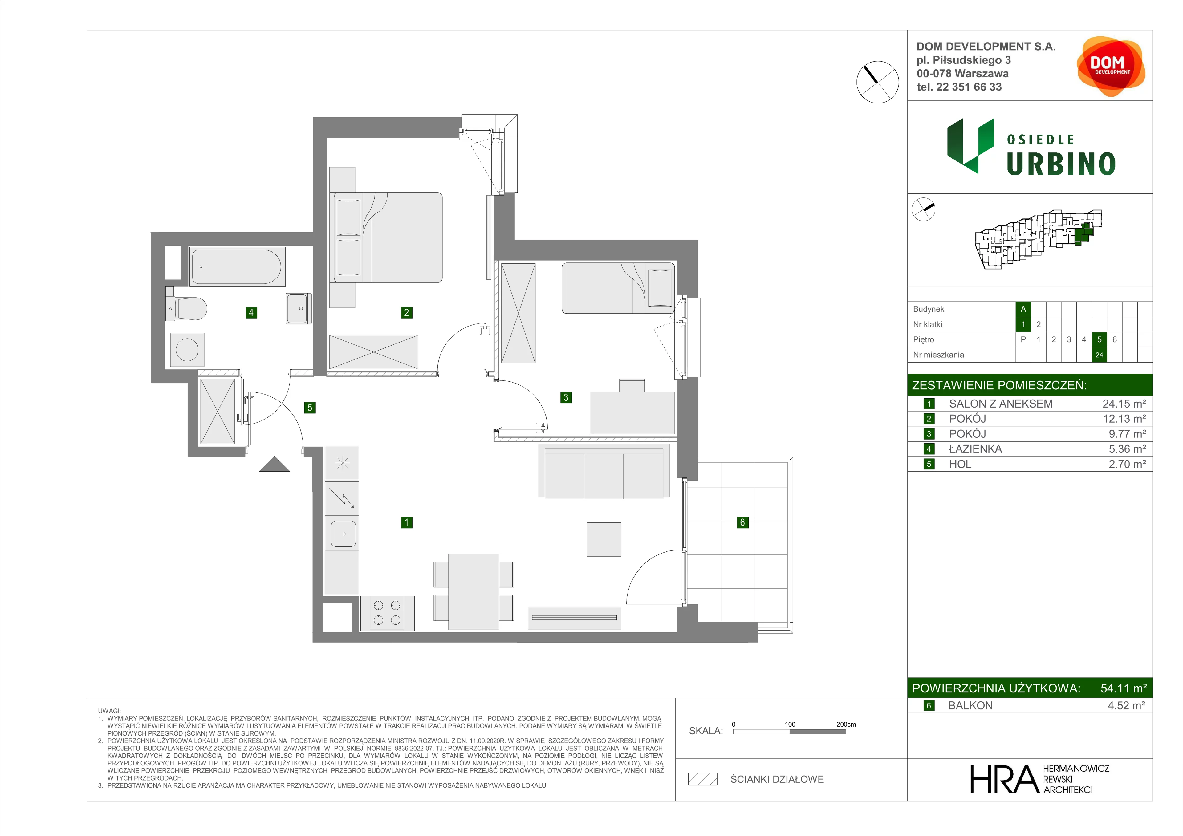 3 pokoje, mieszkanie 54,11 m², piętro 5, oferta nr A/24, Osiedle Urbino, Warszawa, Włochy, Raków, ul. Równoległa