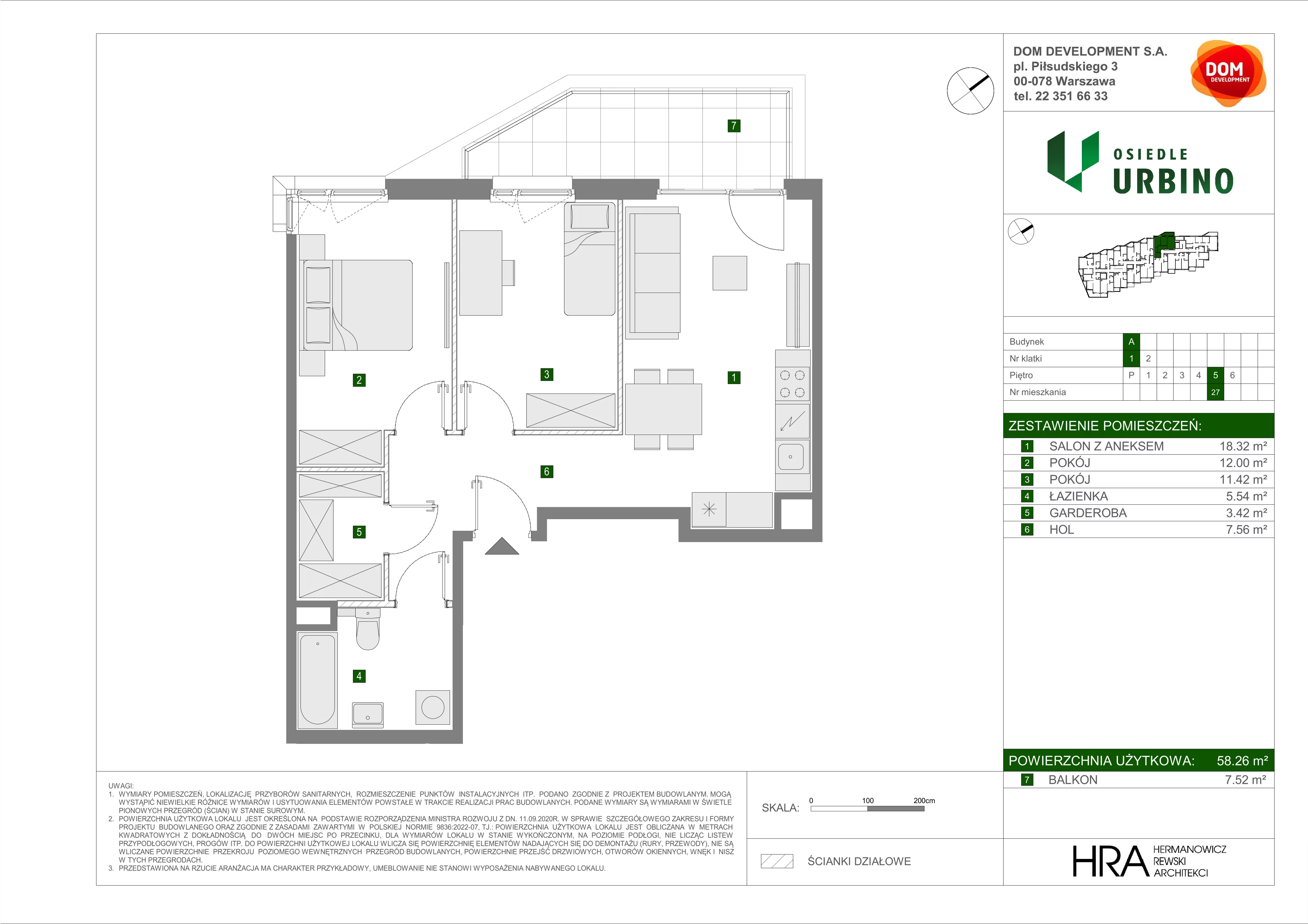 3 pokoje, mieszkanie 58,26 m², piętro 5, oferta nr A/27, Osiedle Urbino, Warszawa, Włochy, Raków, ul. Równoległa