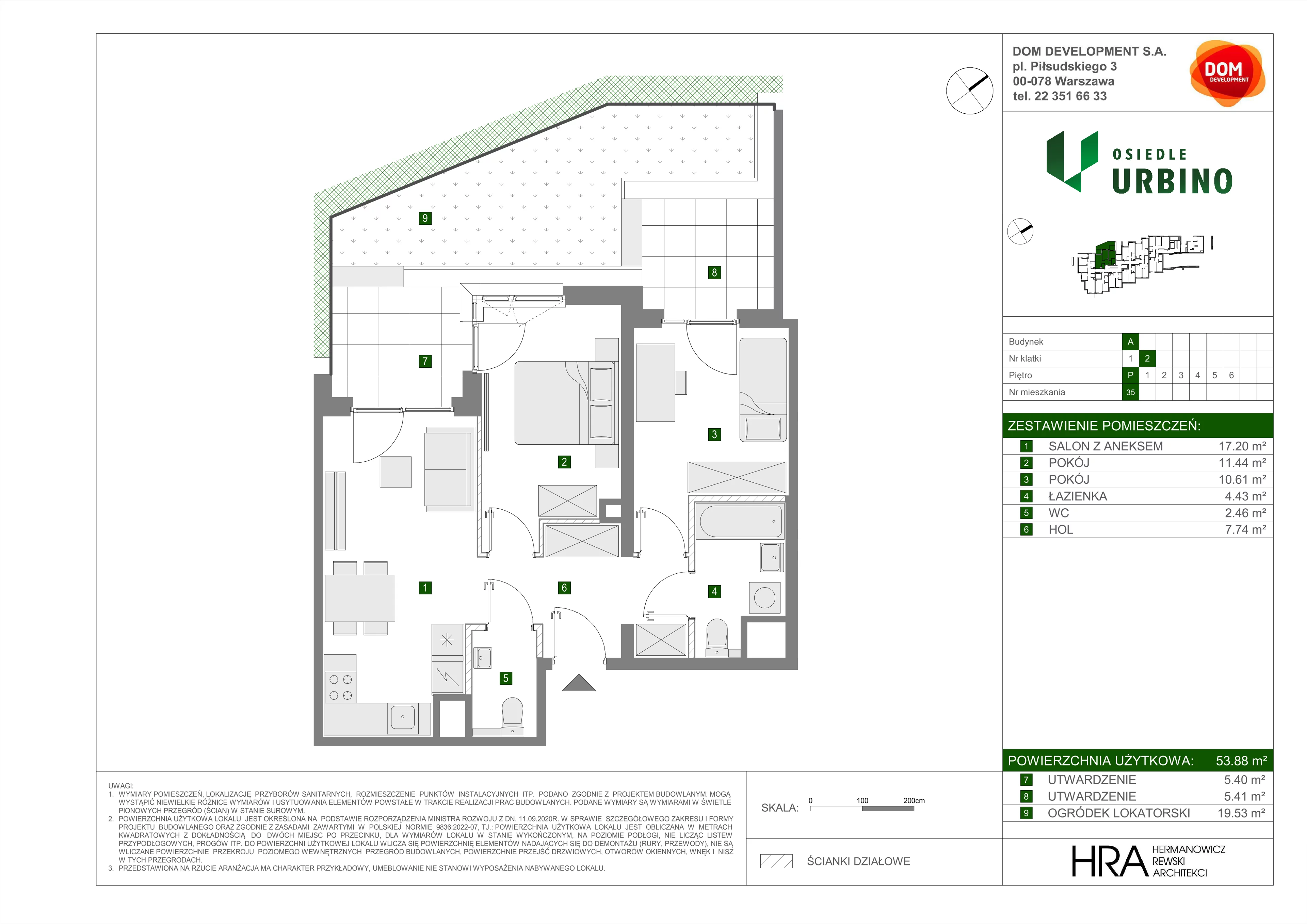 3 pokoje, mieszkanie 53,88 m², parter, oferta nr A/35, Osiedle Urbino, Warszawa, Włochy, Raków, ul. Równoległa