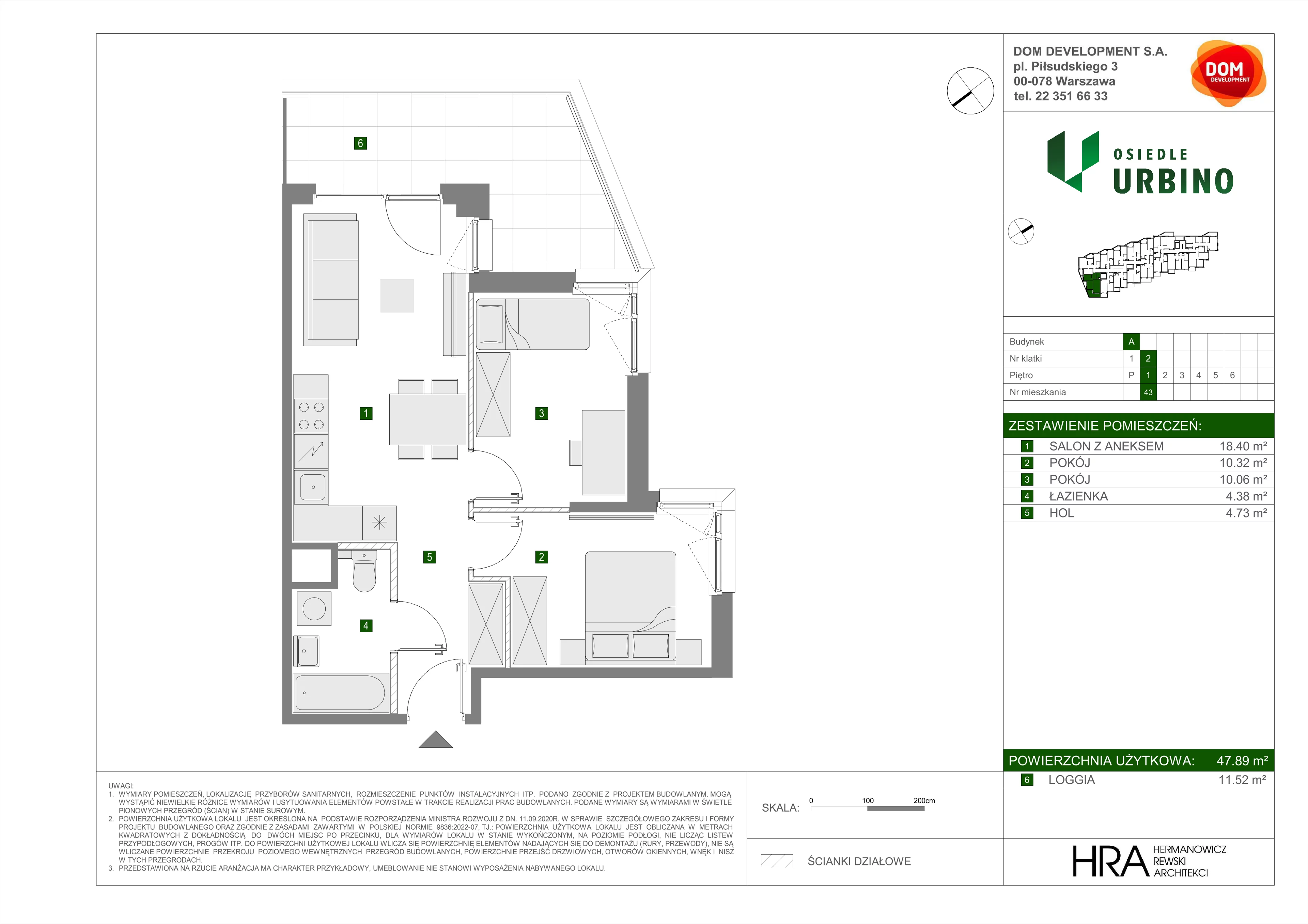 3 pokoje, mieszkanie 47,89 m², piętro 1, oferta nr A/43, Osiedle Urbino, Warszawa, Włochy, Raków, ul. Równoległa