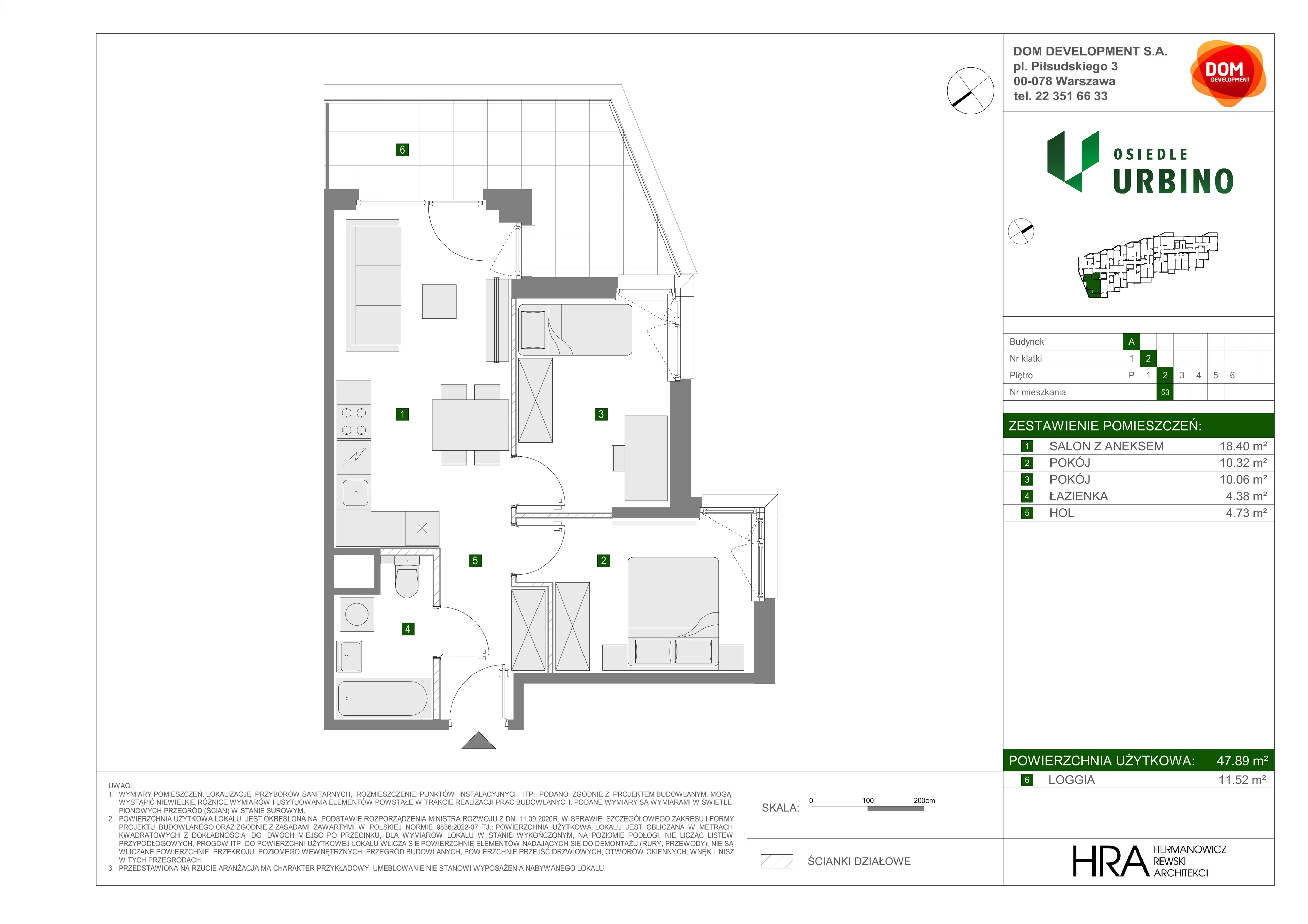 3 pokoje, mieszkanie 47,89 m², piętro 2, oferta nr A/53, Osiedle Urbino, Warszawa, Włochy, Raków, ul. Równoległa