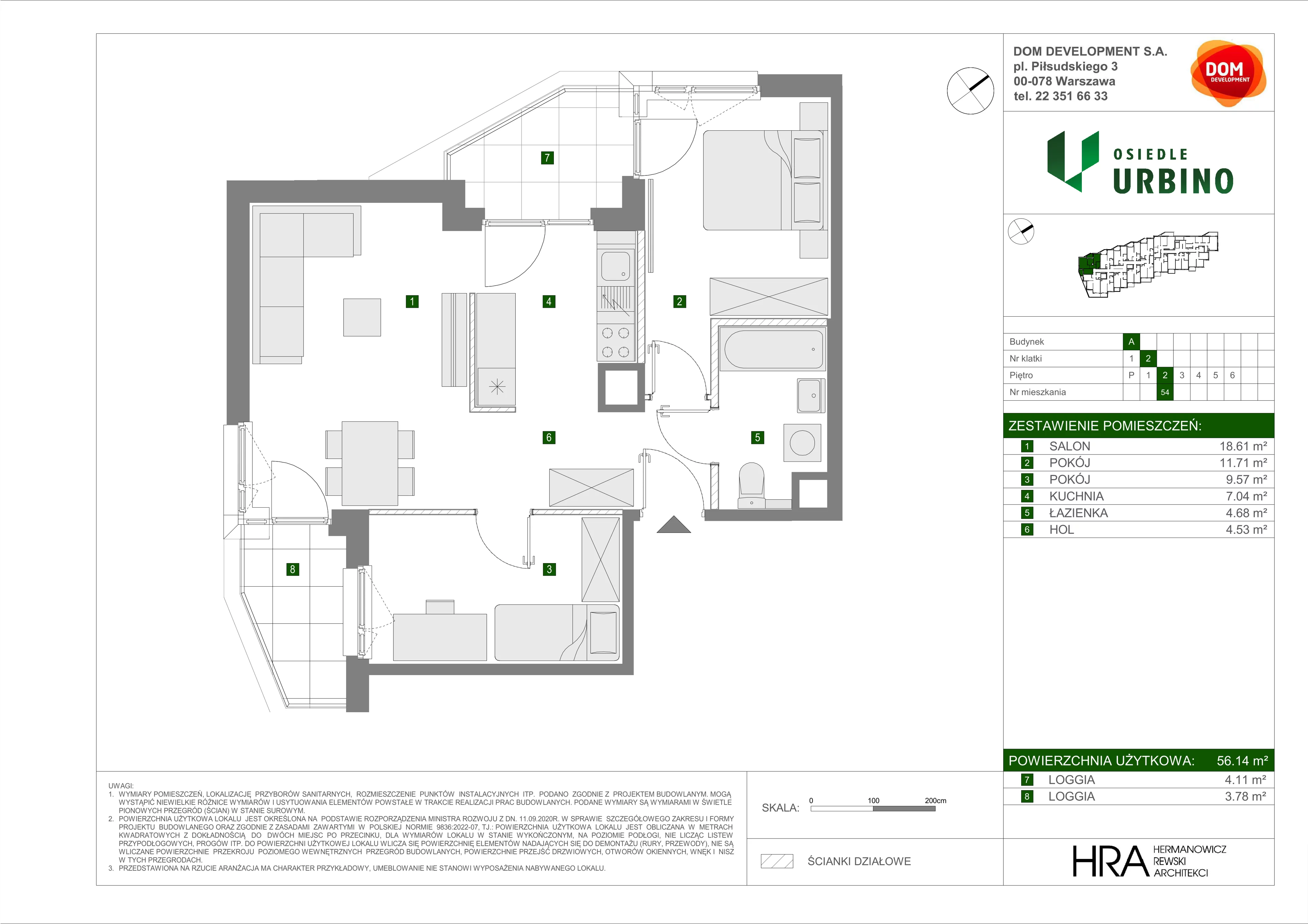3 pokoje, mieszkanie 56,14 m², piętro 2, oferta nr A/54, Osiedle Urbino, Warszawa, Włochy, Raków, ul. Równoległa