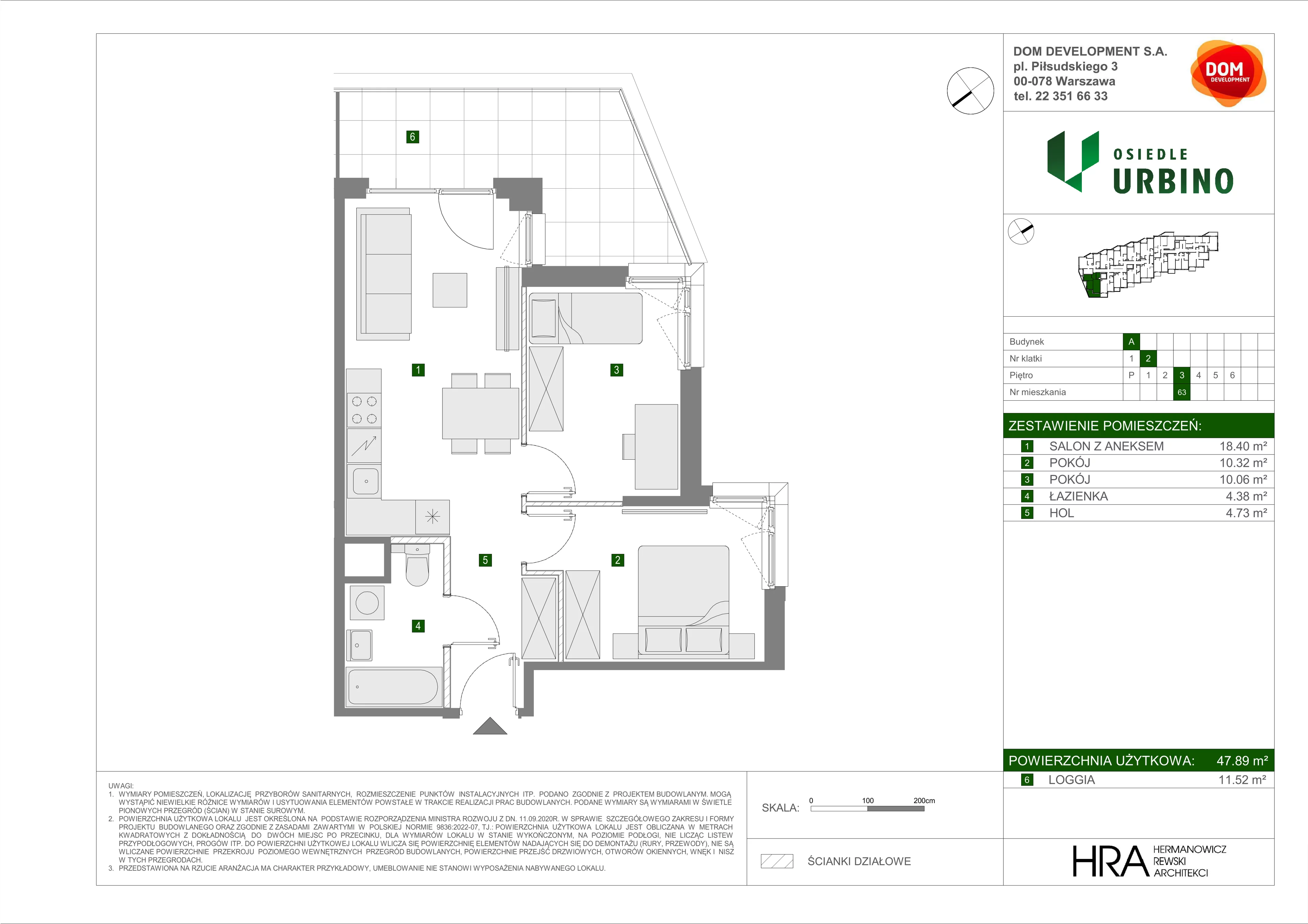 3 pokoje, mieszkanie 47,89 m², piętro 3, oferta nr A/63, Osiedle Urbino, Warszawa, Włochy, Raków, ul. Równoległa