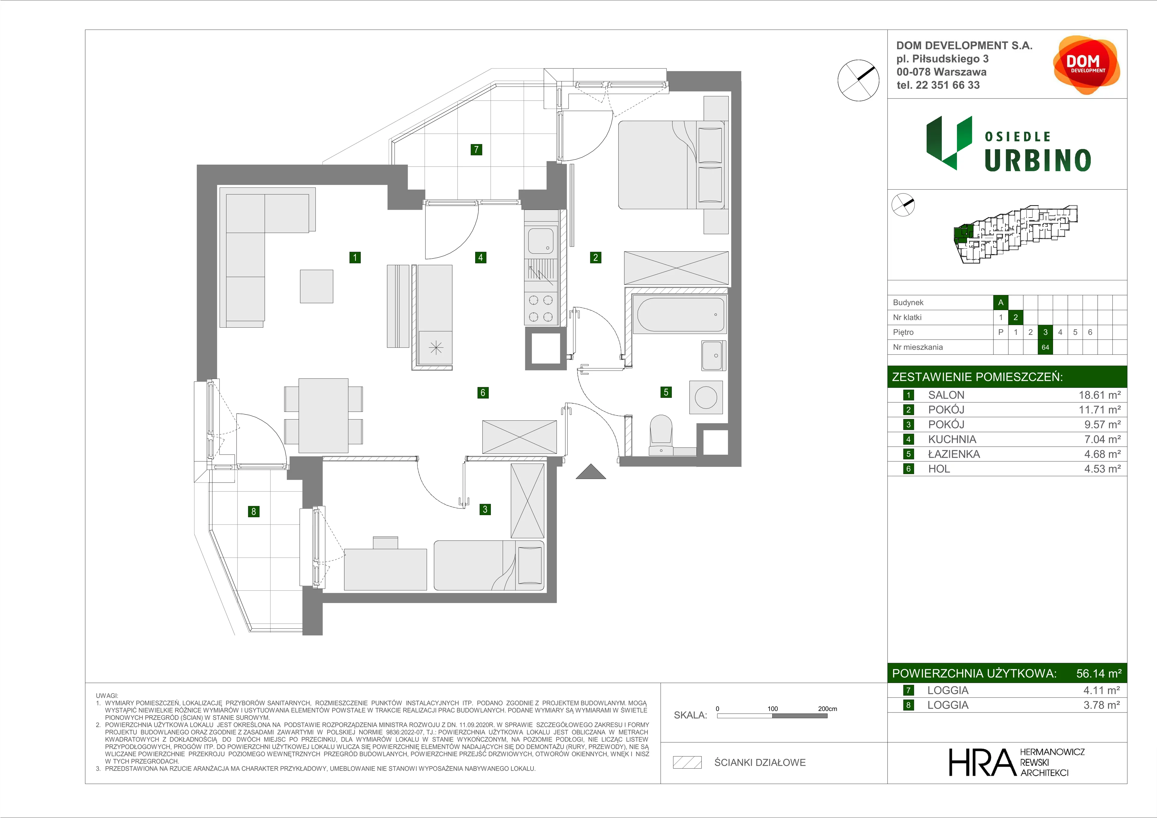 3 pokoje, mieszkanie 56,14 m², piętro 3, oferta nr A/64, Osiedle Urbino, Warszawa, Włochy, Raków, ul. Równoległa