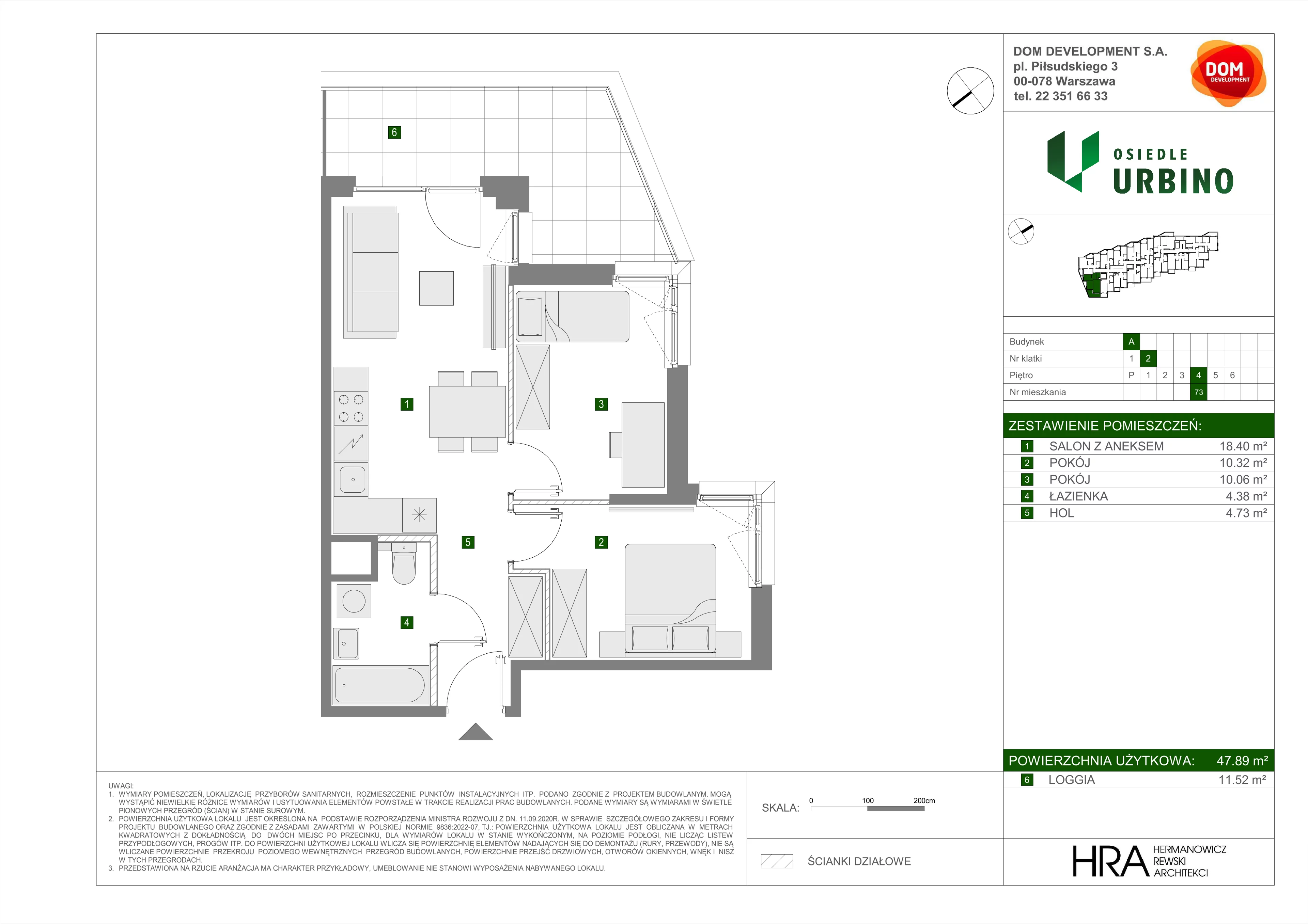 3 pokoje, mieszkanie 47,89 m², piętro 4, oferta nr A/73, Osiedle Urbino, Warszawa, Włochy, Raków, ul. Równoległa