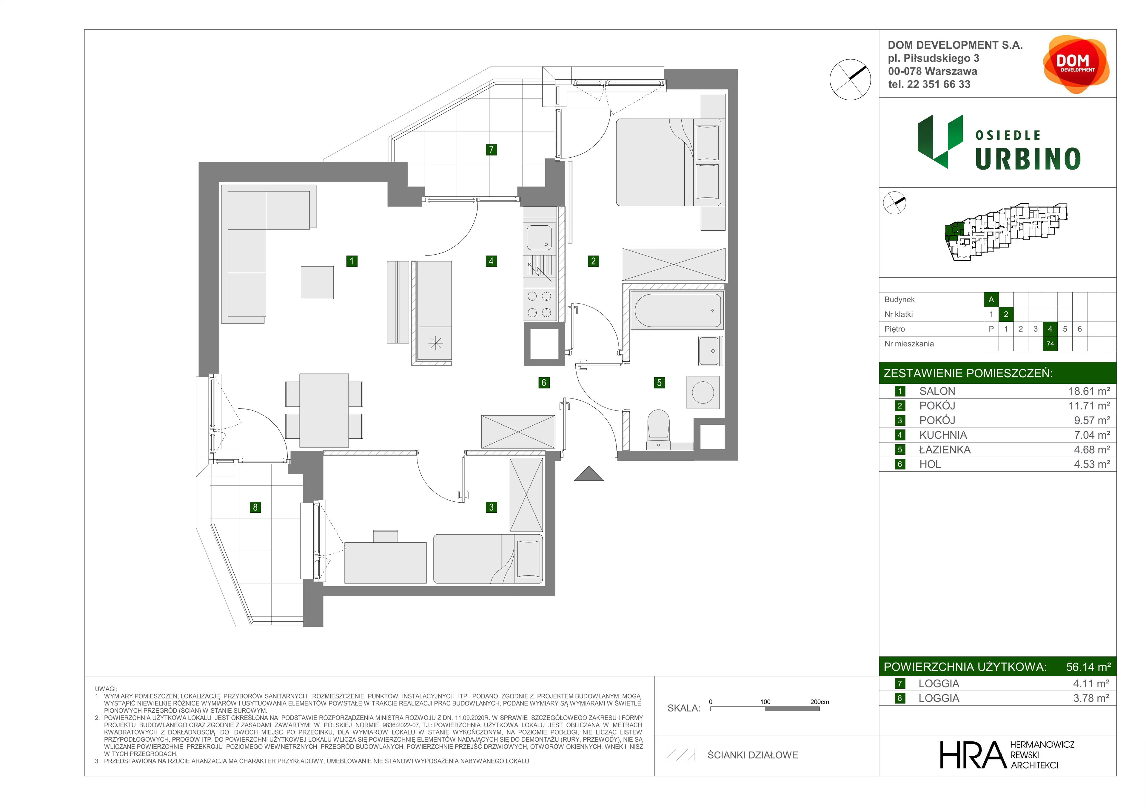 3 pokoje, mieszkanie 56,14 m², piętro 4, oferta nr A/74, Osiedle Urbino, Warszawa, Włochy, Raków, ul. Równoległa