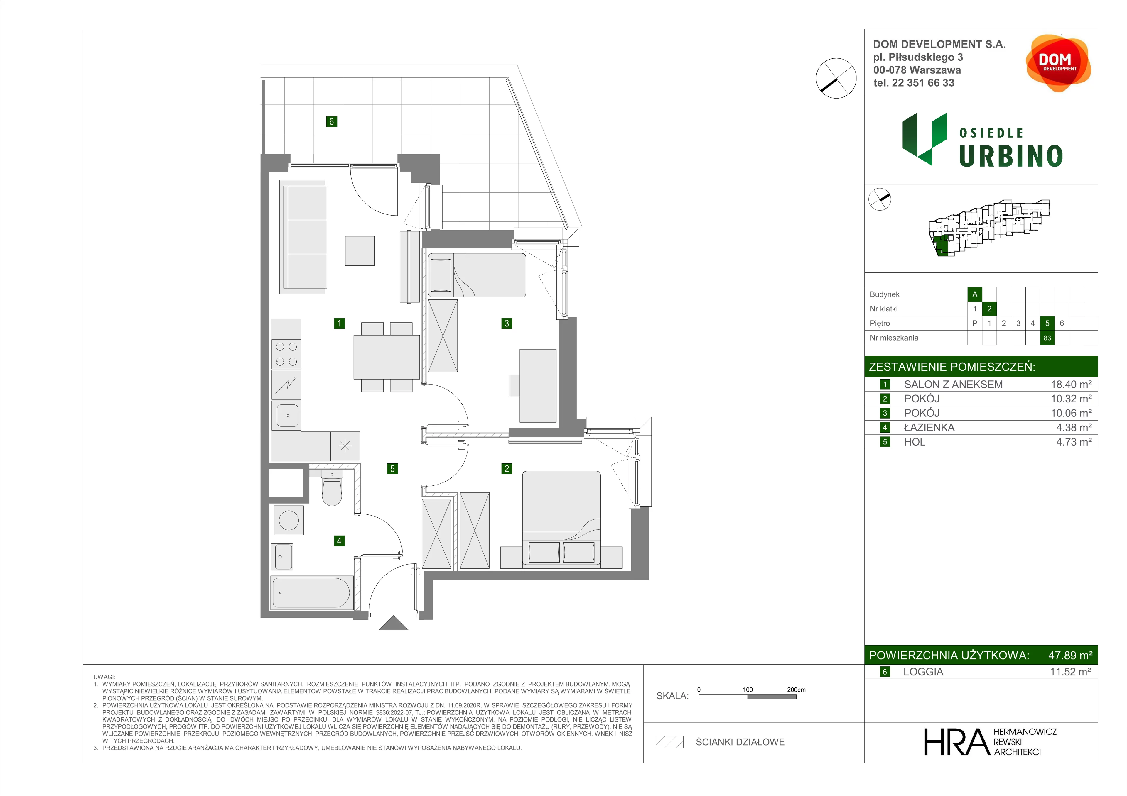 3 pokoje, mieszkanie 47,89 m², piętro 5, oferta nr A/83, Osiedle Urbino, Warszawa, Włochy, Raków, ul. Równoległa