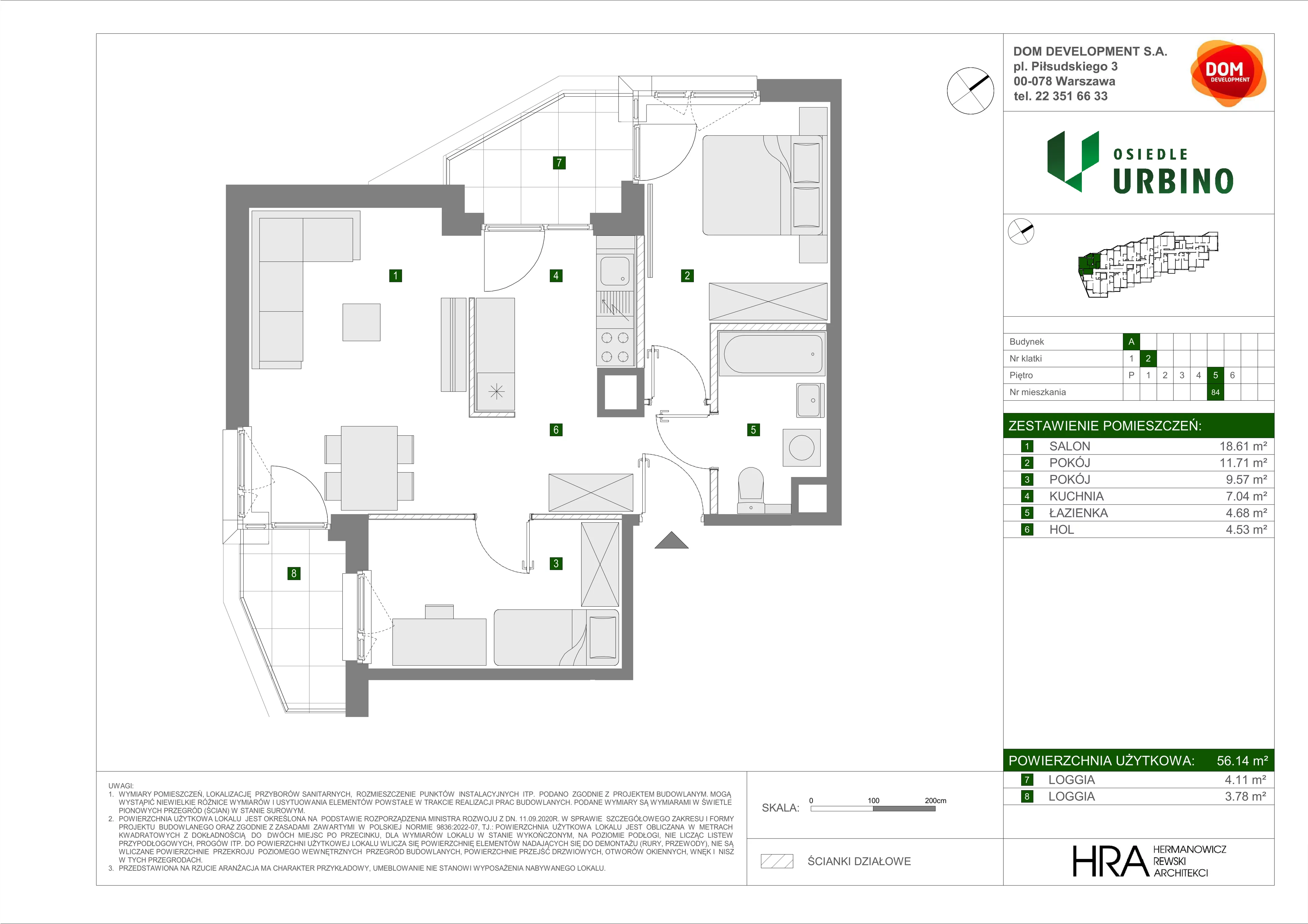 3 pokoje, mieszkanie 56,14 m², piętro 5, oferta nr A/84, Osiedle Urbino, Warszawa, Włochy, Raków, ul. Równoległa