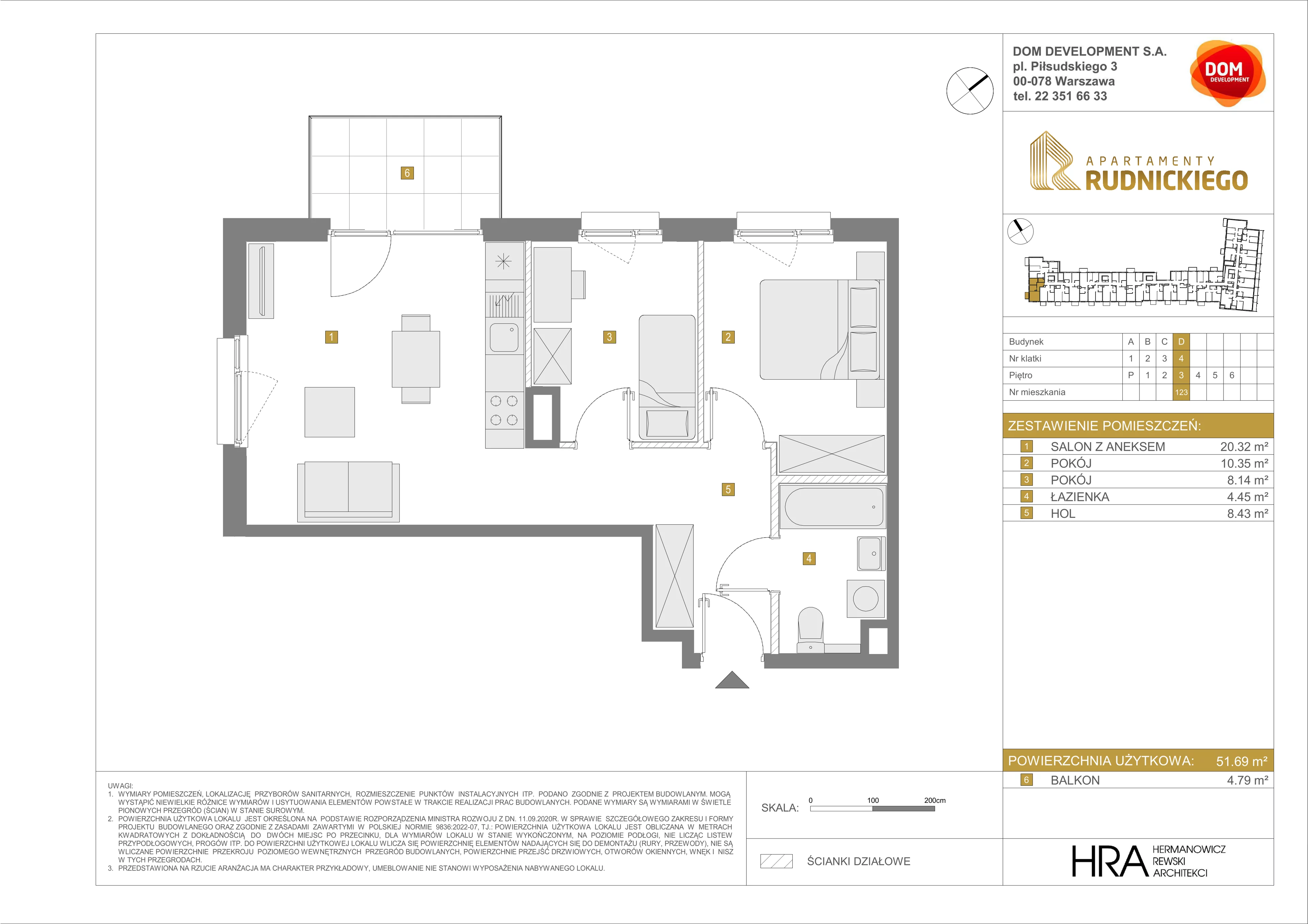 Mieszkanie 51,69 m², piętro 3, oferta nr D/123, Apartamenty Rudnickiego, Warszawa, Bielany, Piaski, ul. Rudnickiego 7