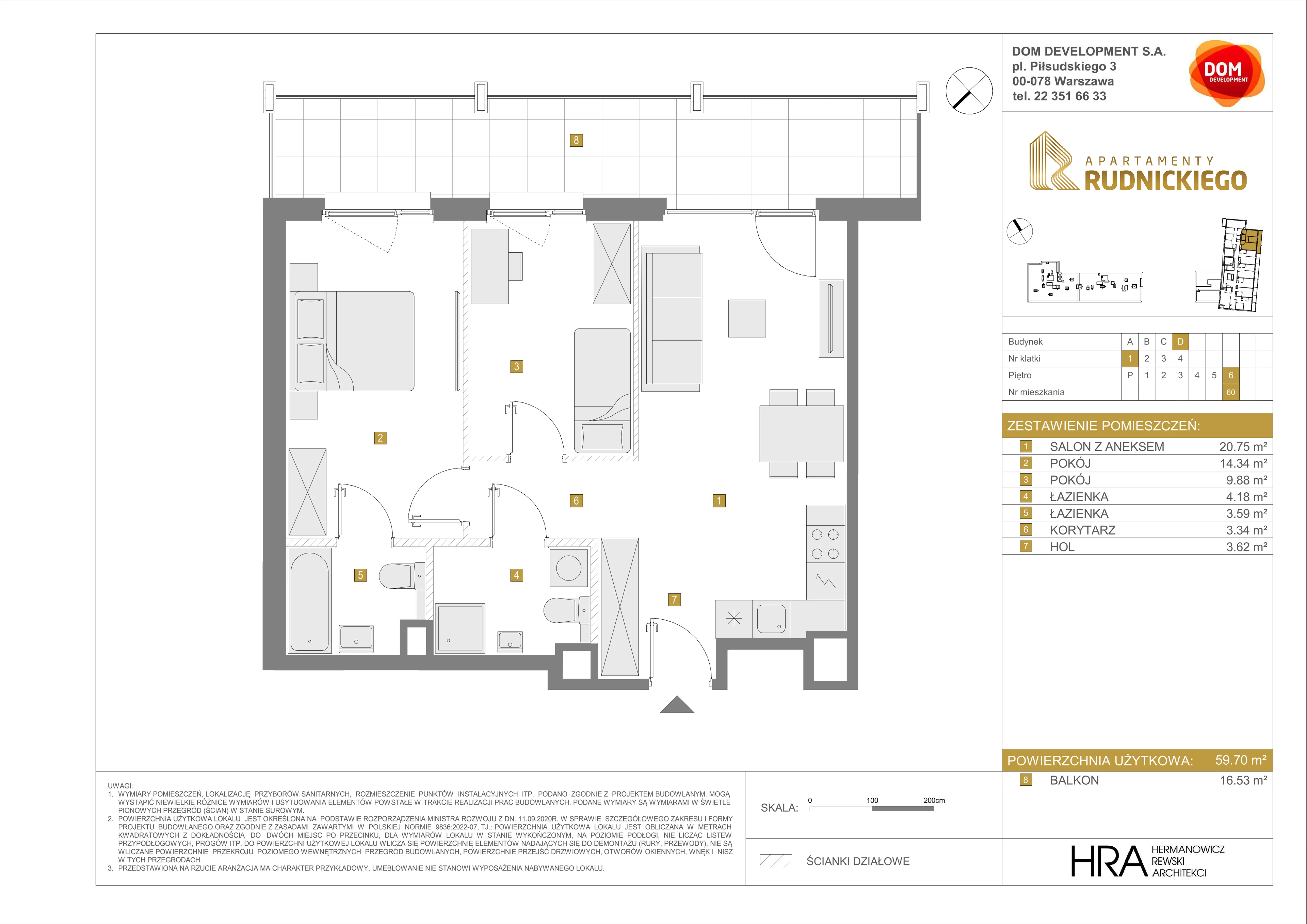3 pokoje, mieszkanie 59,70 m², piętro 6, oferta nr D/60, Apartamenty Rudnickiego, Warszawa, Bielany, Piaski, ul. Rudnickiego 7