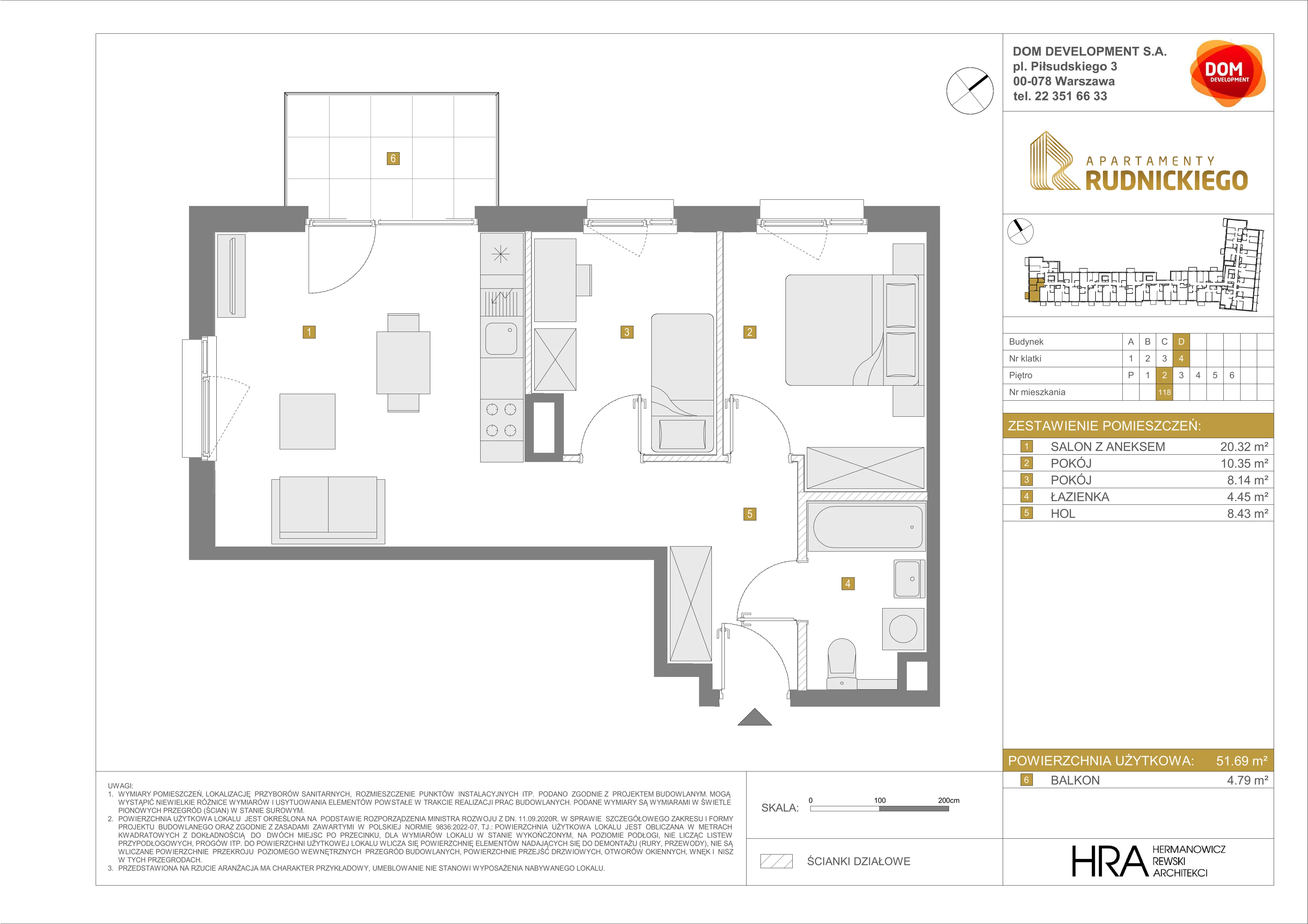 3 pokoje, mieszkanie 51,69 m², piętro 2, oferta nr D/118, Apartamenty Rudnickiego, Warszawa, Bielany, Piaski, ul. Rudnickiego 7