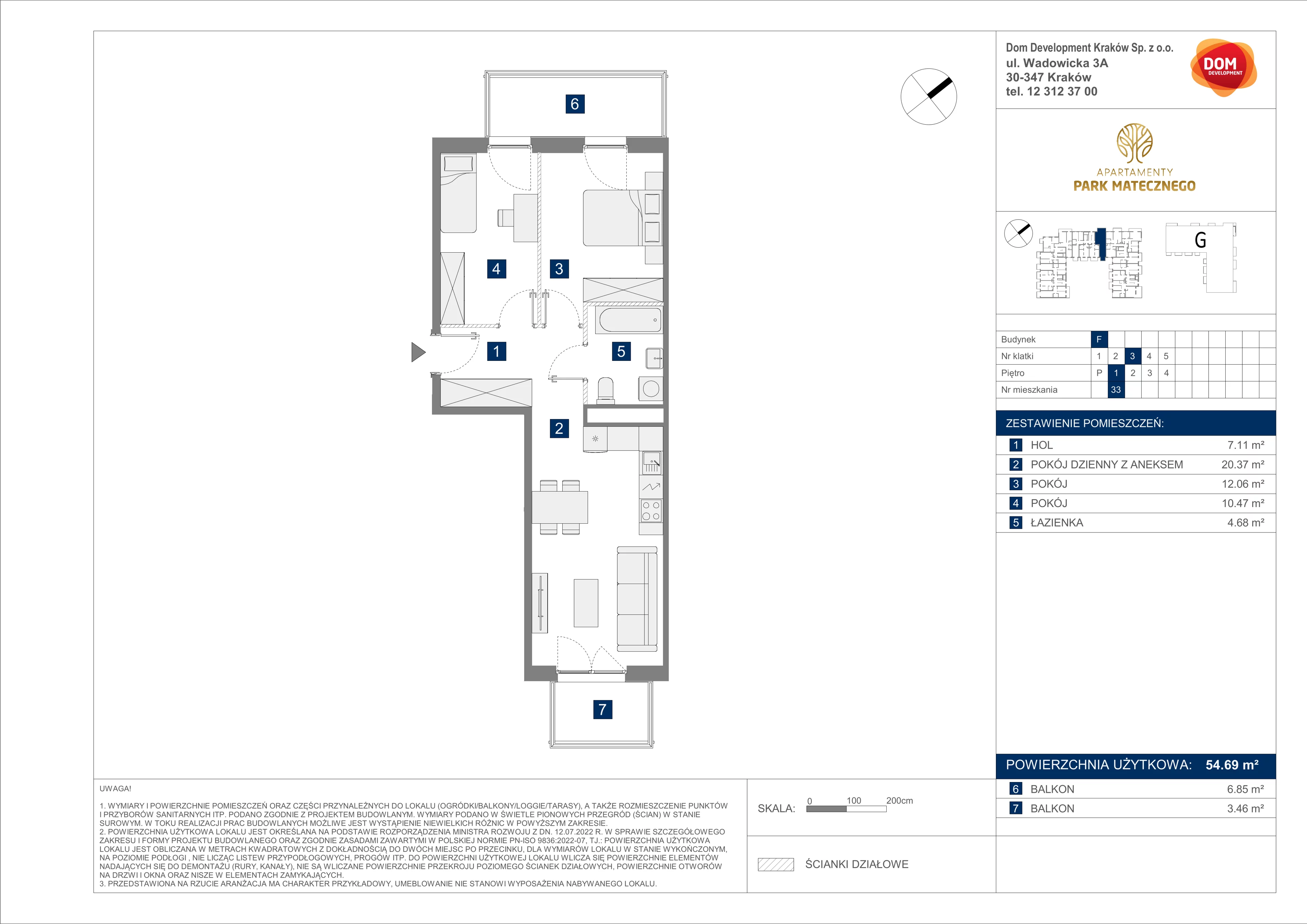 3 pokoje, apartament 54,69 m², piętro 1, oferta nr F/33, Apartamenty Park Matecznego bud. F i G, Kraków, Podgórze, Mateczny, ul. Rydlówka / Nowoorawska