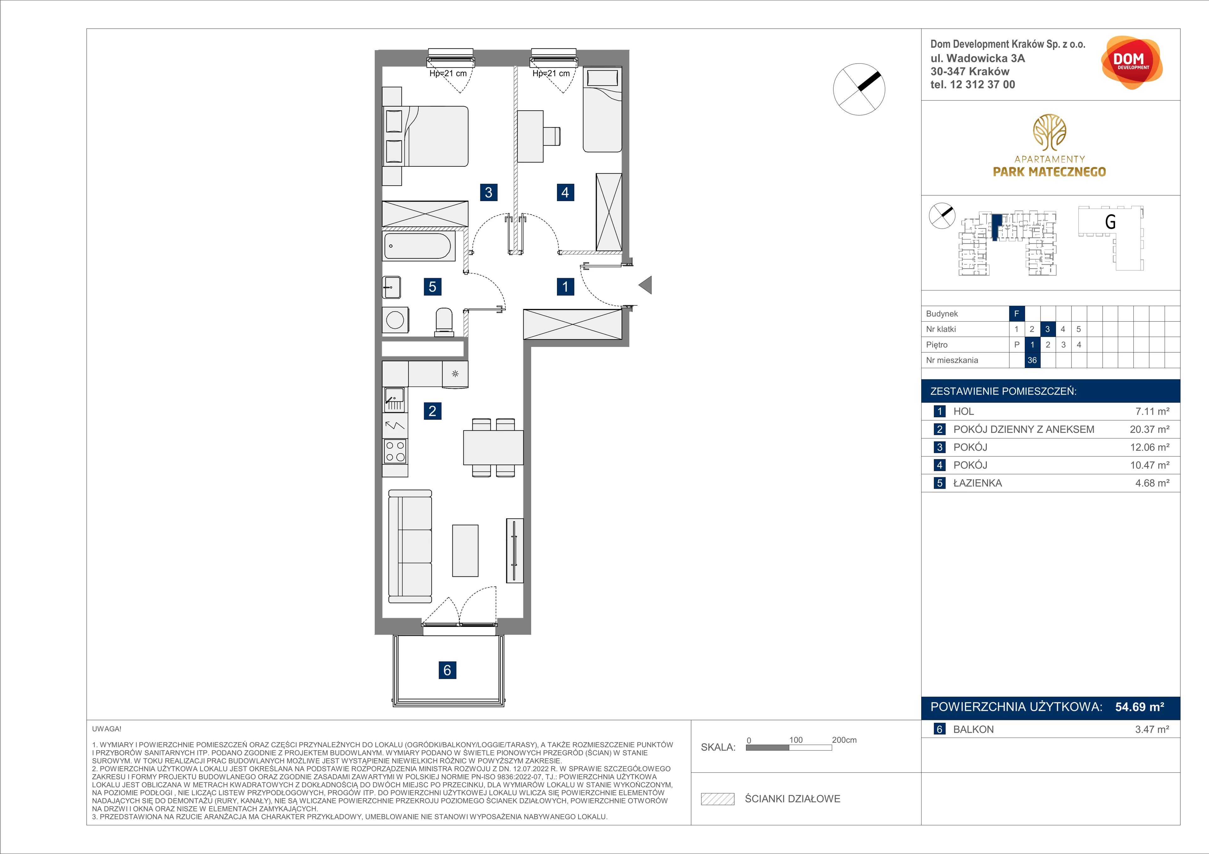 3 pokoje, apartament 54,69 m², piętro 1, oferta nr F/36, Apartamenty Park Matecznego bud. F i G, Kraków, Podgórze, Mateczny, ul. Rydlówka / Nowoorawska