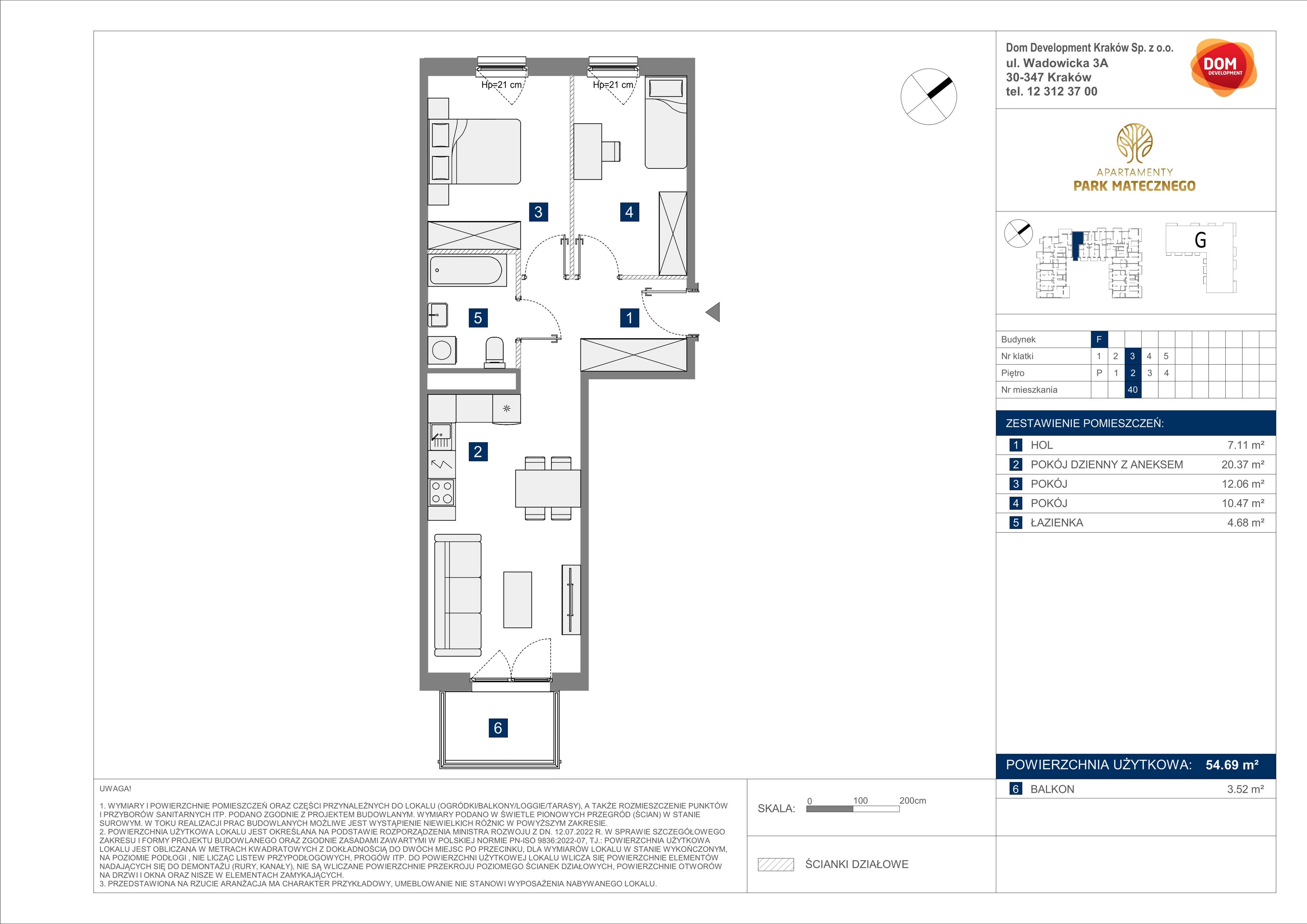 3 pokoje, apartament 54,69 m², piętro 2, oferta nr F/40, Apartamenty Park Matecznego bud. F i G, Kraków, Podgórze, Mateczny, ul. Rydlówka / Nowoorawska