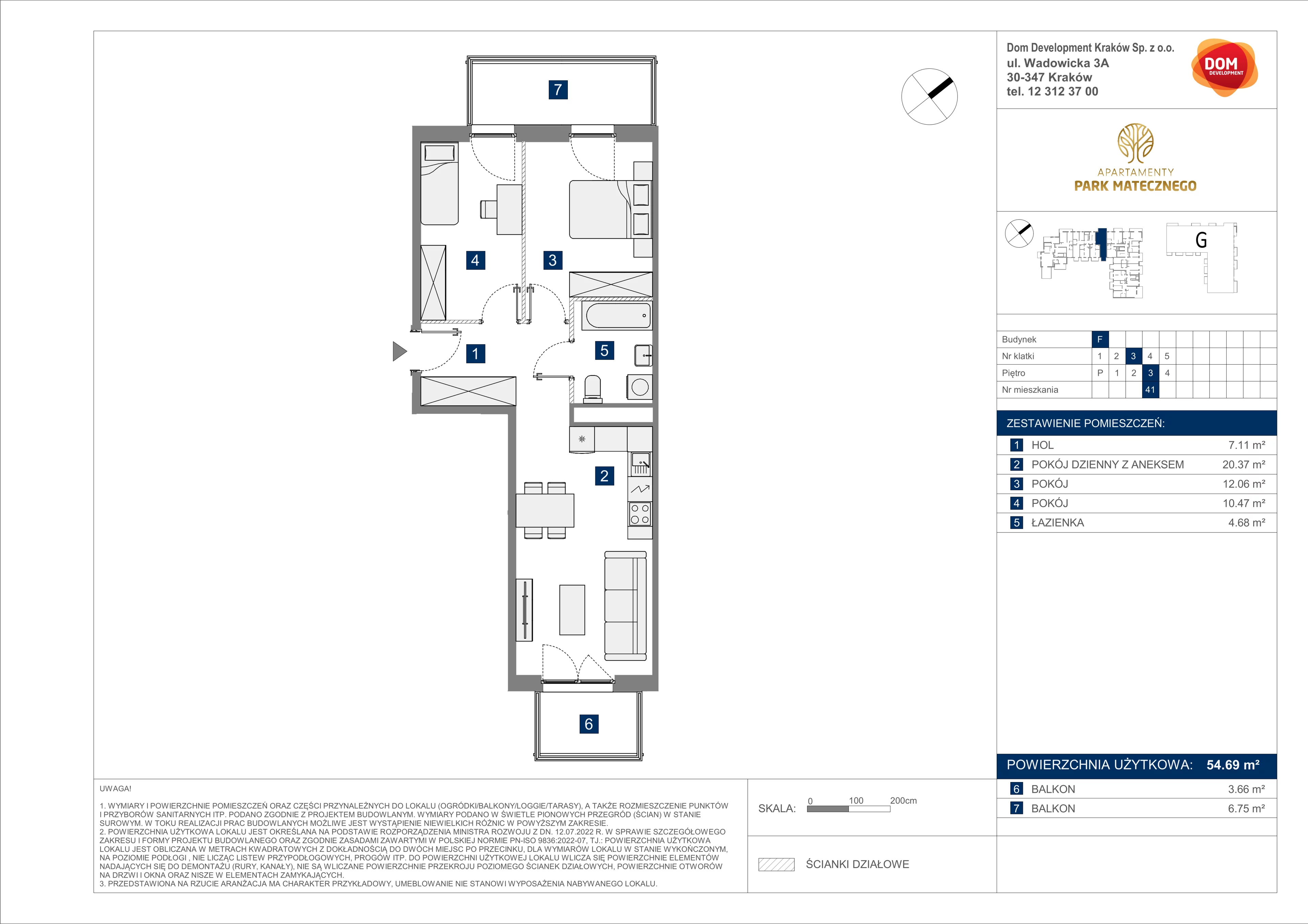 3 pokoje, mieszkanie 54,69 m², piętro 3, oferta nr F/41, Apartamenty Park Matecznego bud. F i G, Kraków, Podgórze, Mateczny, ul. Rydlówka / Nowoorawska