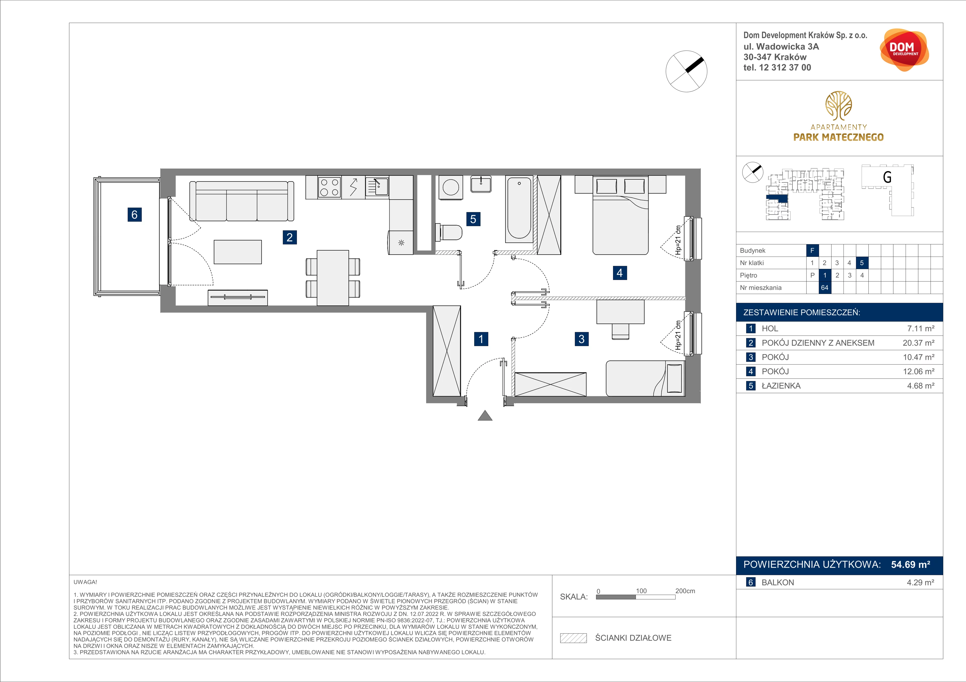 3 pokoje, mieszkanie 54,69 m², piętro 1, oferta nr F/64, Apartamenty Park Matecznego bud. F i G, Kraków, Podgórze, Mateczny, ul. Rydlówka / Nowoorawska