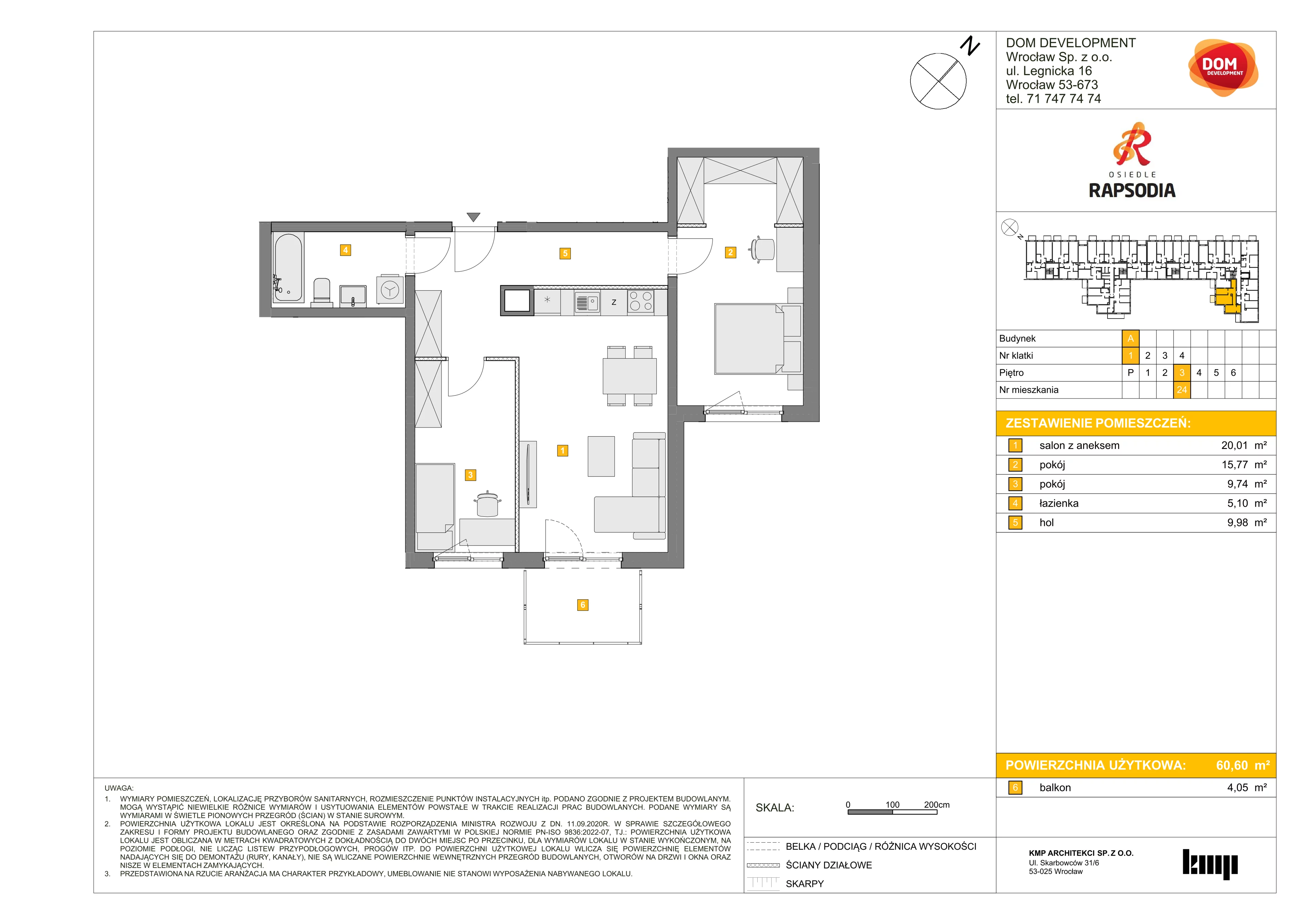 3 pokoje, mieszkanie 60,60 m², piętro 3, oferta nr A/24, Osiedle Rapsodia, Wrocław, Karłowice-Różanka, Różanka, ul. Wołowska 5
