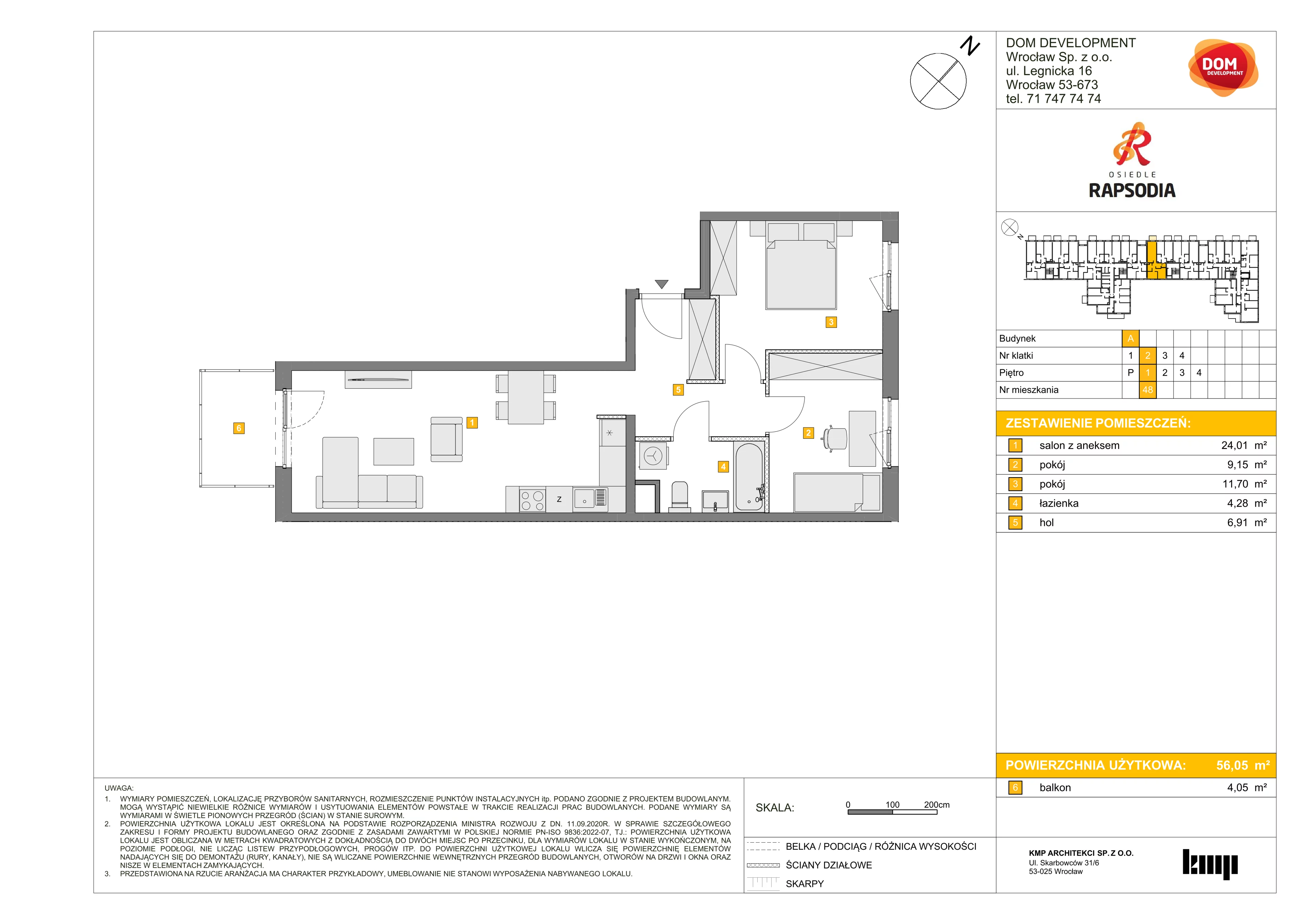 3 pokoje, mieszkanie 56,05 m², piętro 1, oferta nr A/48, Osiedle Rapsodia, Wrocław, Karłowice-Różanka, Różanka, ul. Wołowska 5