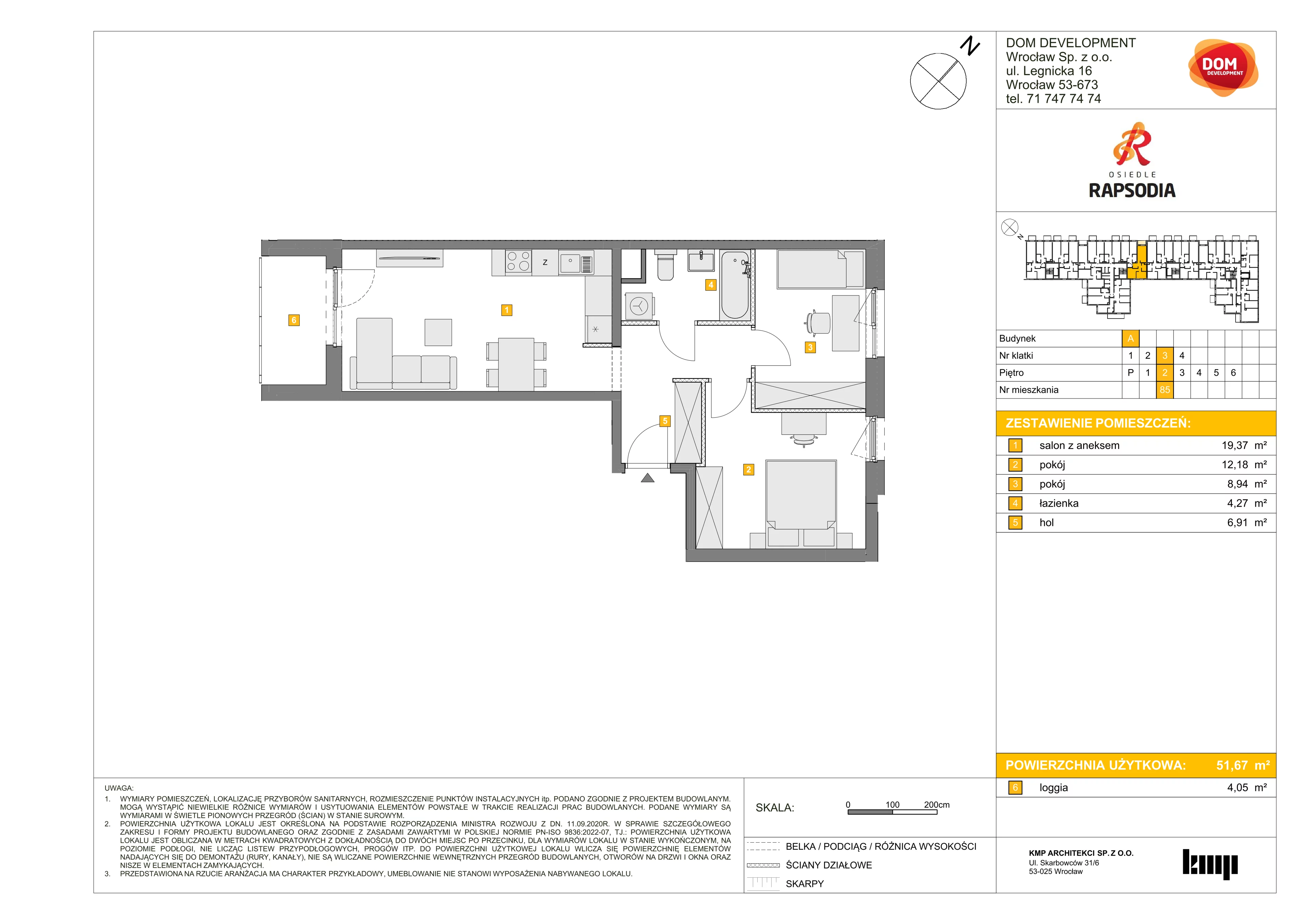 3 pokoje, mieszkanie 51,67 m², piętro 2, oferta nr A/85, Osiedle Rapsodia, Wrocław, Karłowice-Różanka, Różanka, ul. Wołowska 5