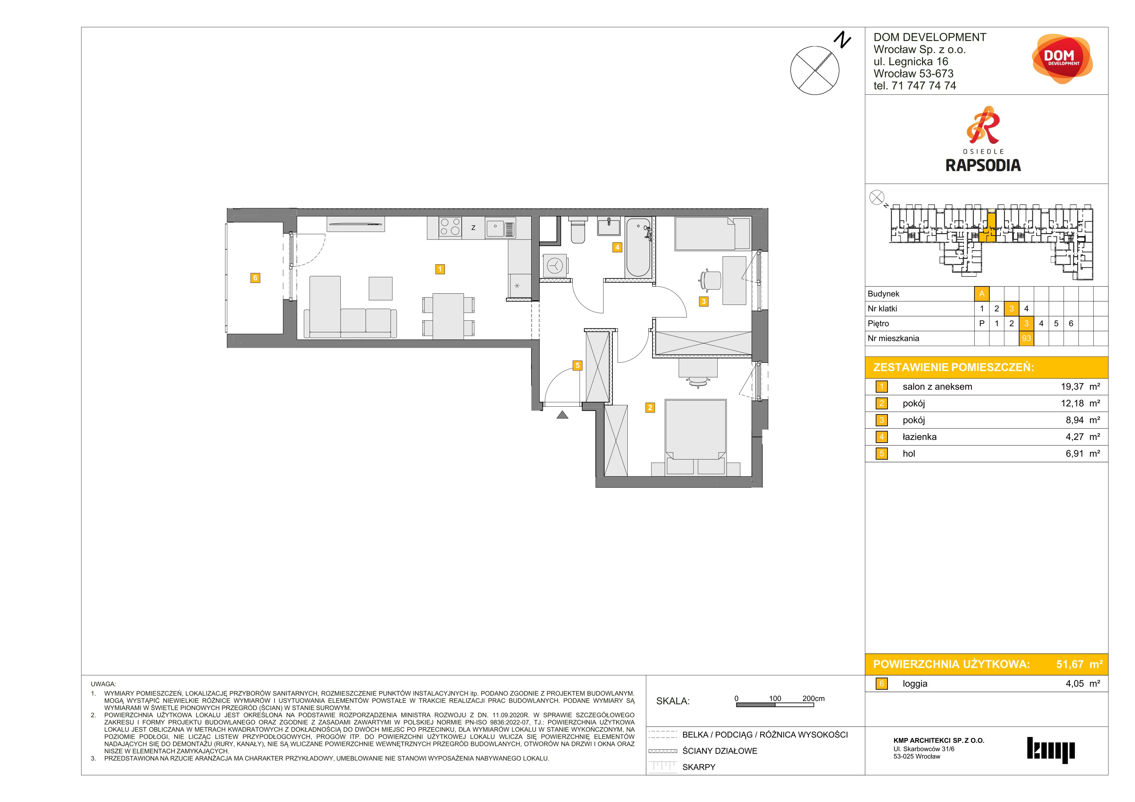 3 pokoje, mieszkanie 51,67 m², piętro 3, oferta nr A/93, Osiedle Rapsodia, Wrocław, Karłowice-Różanka, Różanka, ul. Wołowska 5