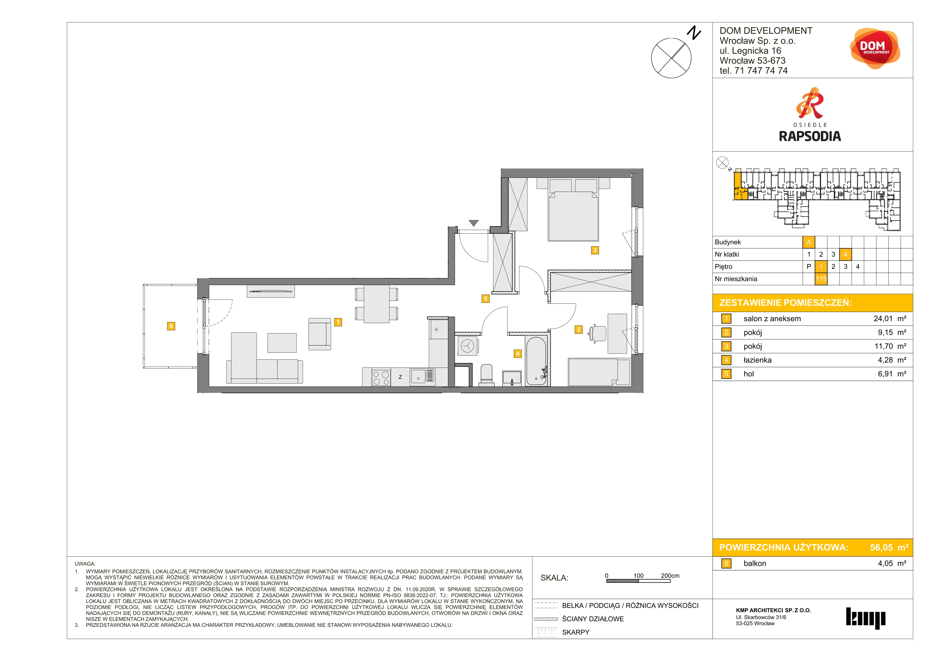 3 pokoje, mieszkanie 56,05 m², piętro 1, oferta nr A/115, Osiedle Rapsodia, Wrocław, Karłowice-Różanka, Różanka, ul. Wołowska 5
