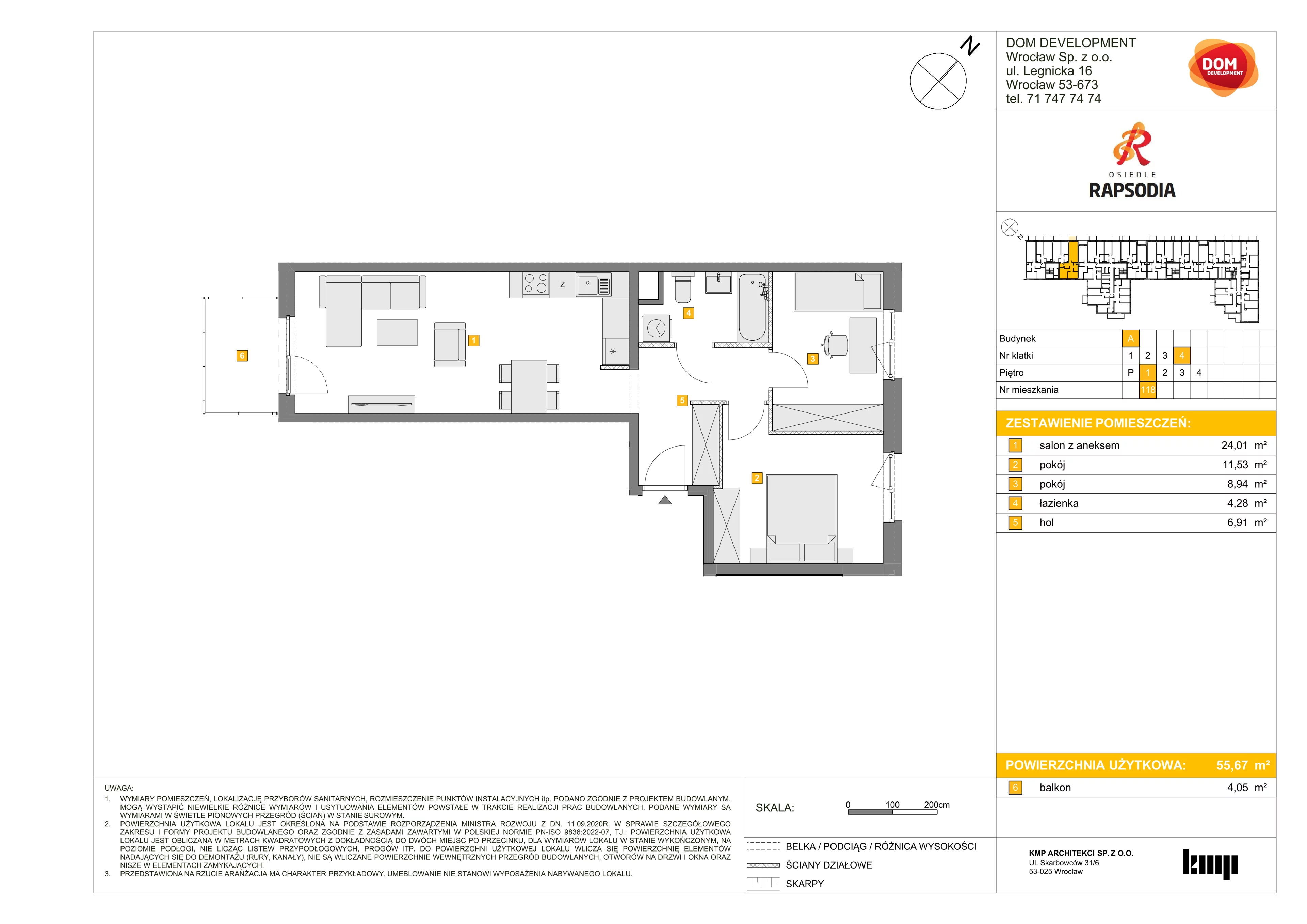 3 pokoje, mieszkanie 55,67 m², piętro 1, oferta nr A/118, Osiedle Rapsodia, Wrocław, Karłowice-Różanka, Różanka, ul. Wołowska 5